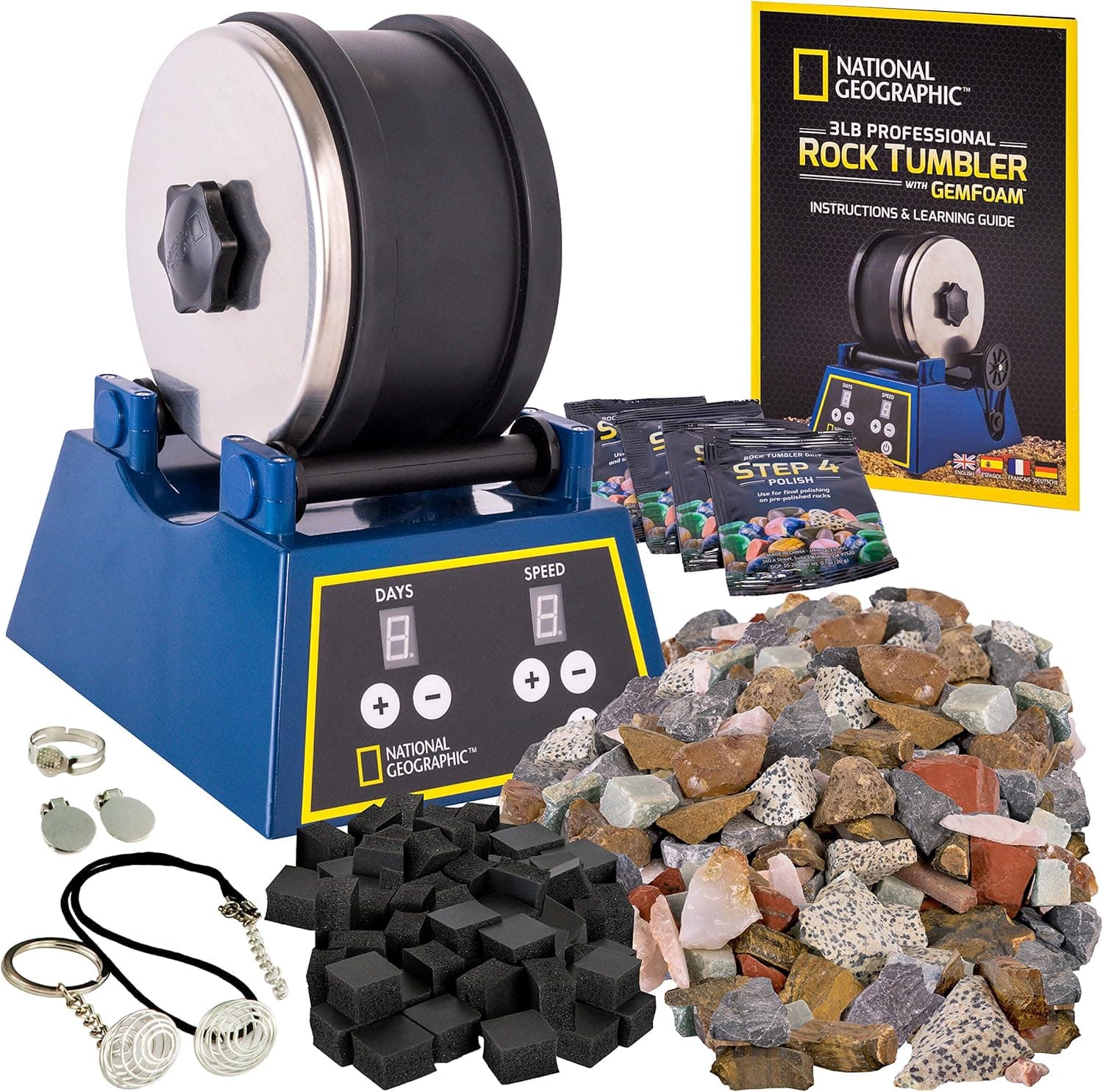 NATIONAL GEOGRAPHIC Rock Tumbler Kit - 3 Lb. Extra Large Capacity Barrel with 3-Speed Motor & 9-Day Timer, Kit Includes Rocks for Tumbling and Rock Polisher Grit, Rock Tumbler for Adults and Kids