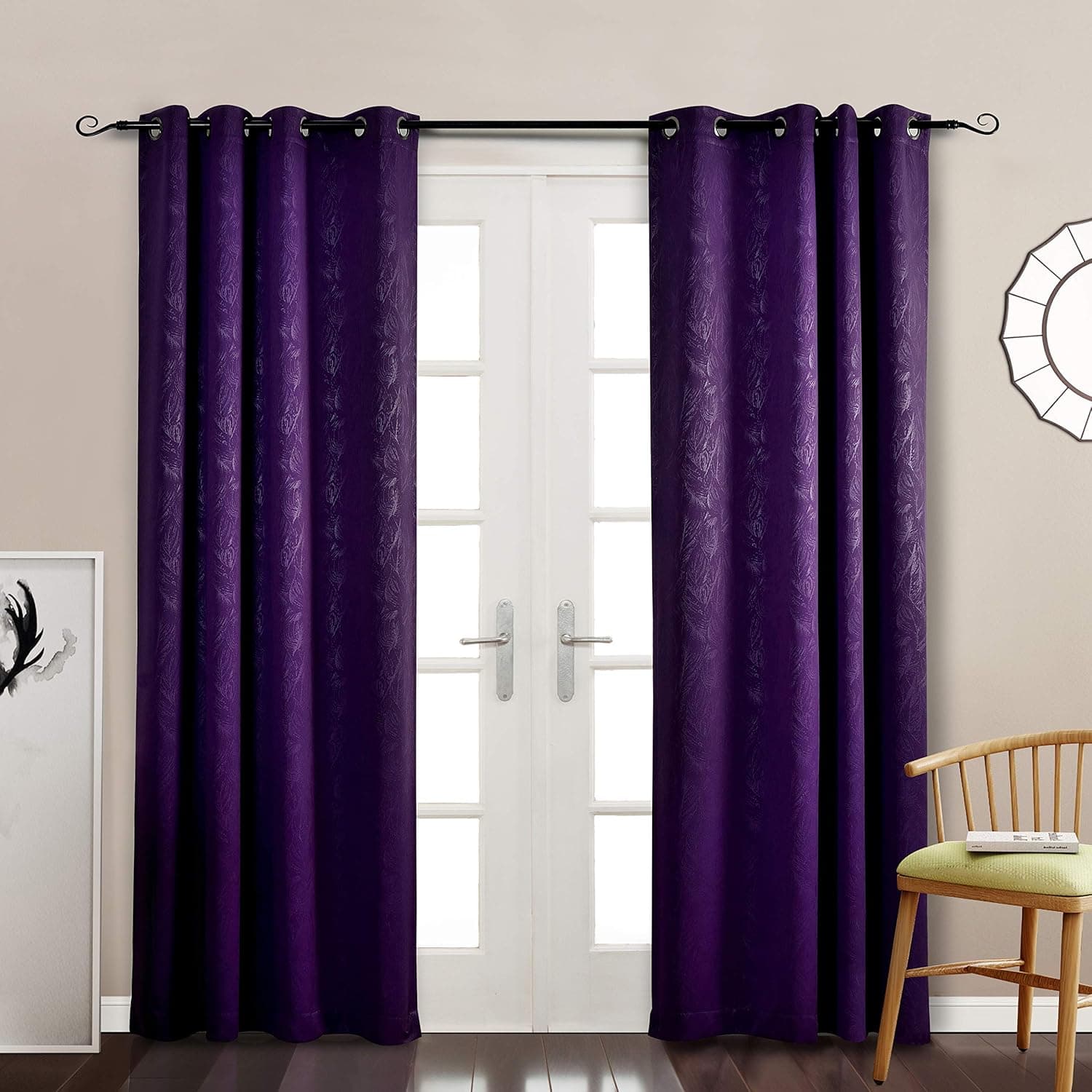 MYSKY HOME Purple Curtains for Living Room Thermal Insulated Leaf Embossed Pattern Blackout Curtain Panelss for Kids Room (Purple, 52" x 84", Single Panel)