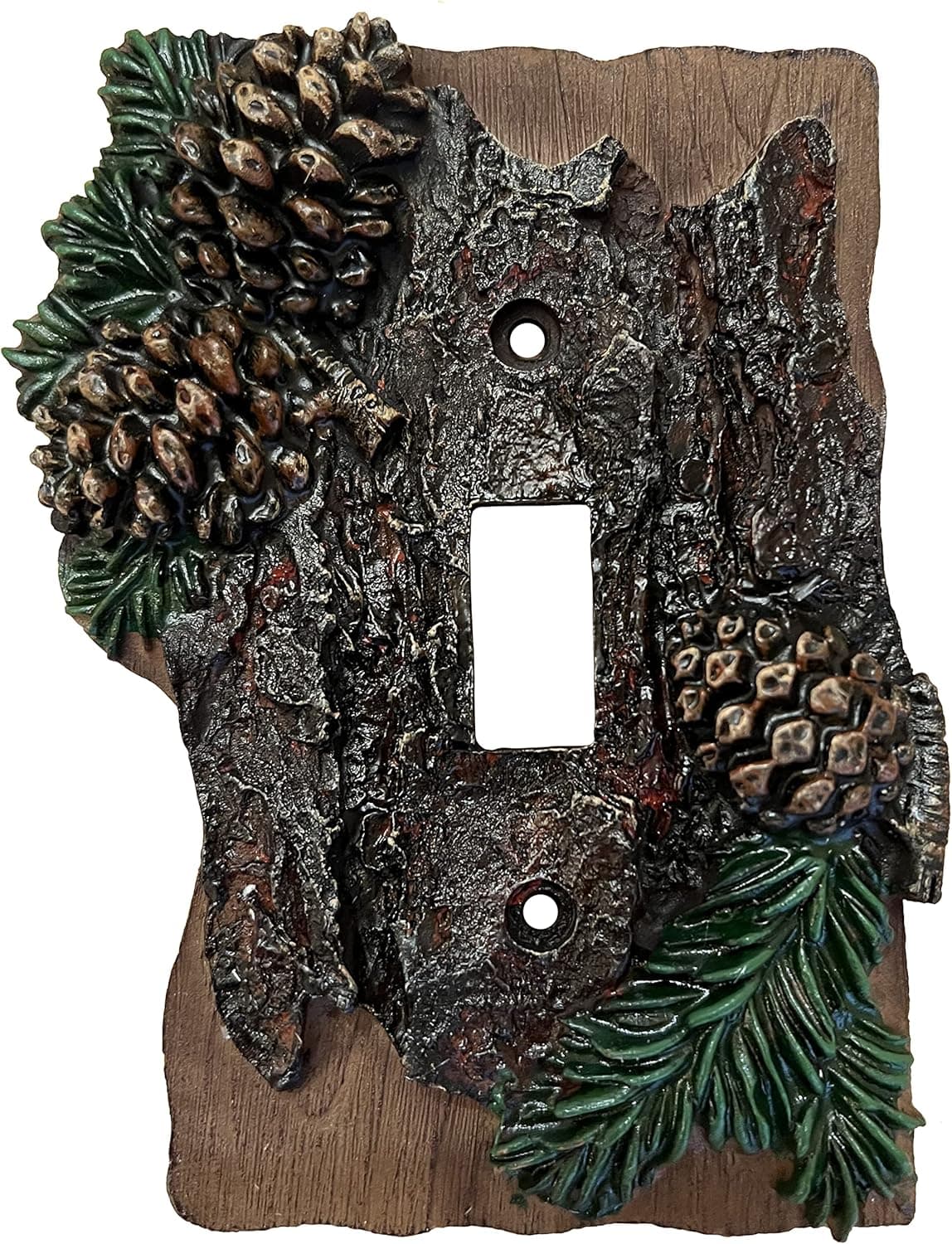 Top Brass Rustic Pinecone and Bark Electrical Cabin, Lodge Style Wall Cover Plate Pine Cone - Single Switch, Double, Rocker, Outlet (Single Switch)