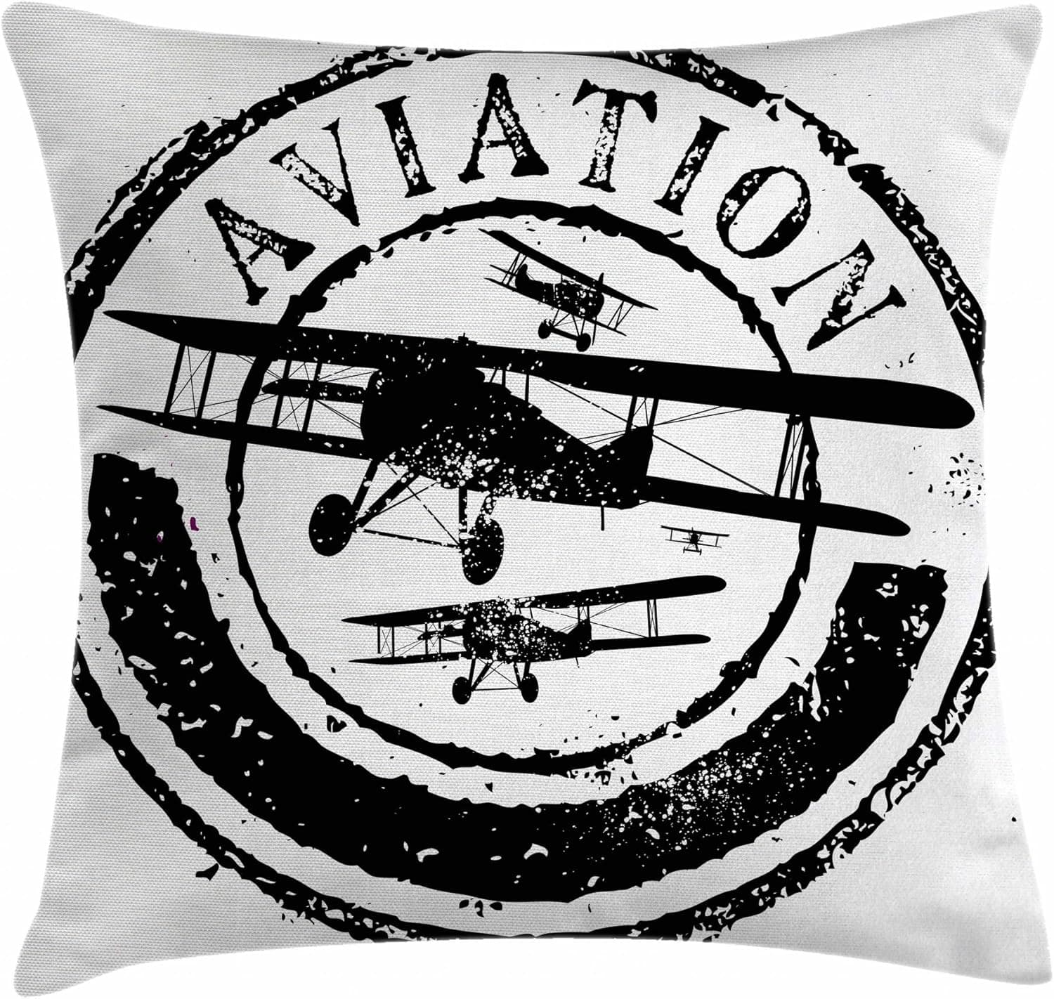 Ambesonne Vintage Airplane Throw Pillow Cushion Cover, Grunge Style Stamp Design with Word Aviation and Airplane Silhouettes, Decorative Square Accent Pillow Case, 20" X 20", Black and White