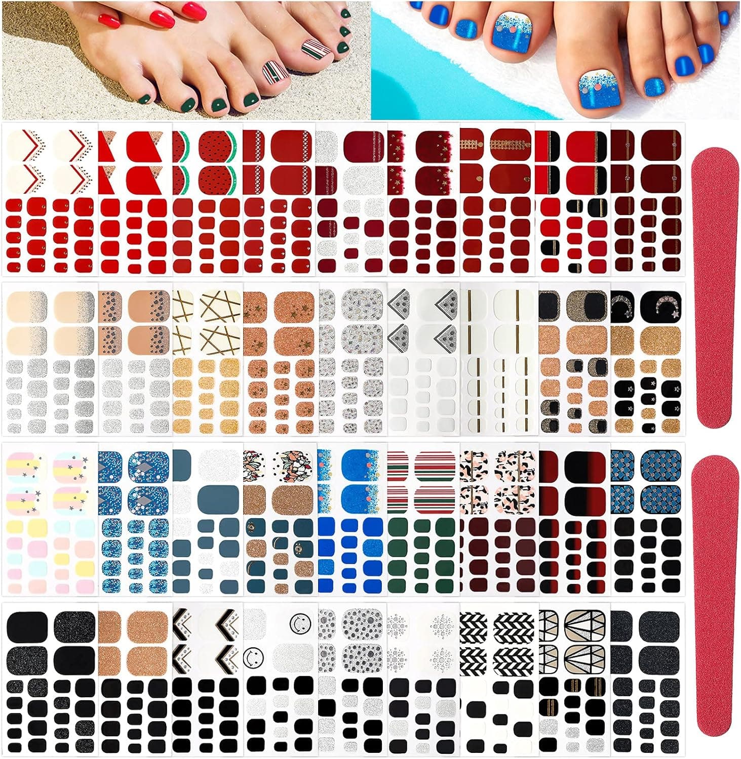 792 Pieces 36 Sheets Full Wraps Toe Nail Polish Stickers Nail Stripes Self-Adhesive Toenail Wraps Chic Color Art Designs Decals with 2 Pieces Nail Files for Women Girls DIY Toe Nail (Simple Style)