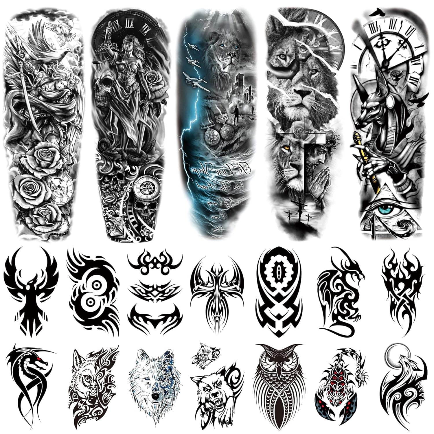 19Pcs Wolf Scorpion Full Arm Half Sleeve Fake Temporary Tattoo Sticker For Man
