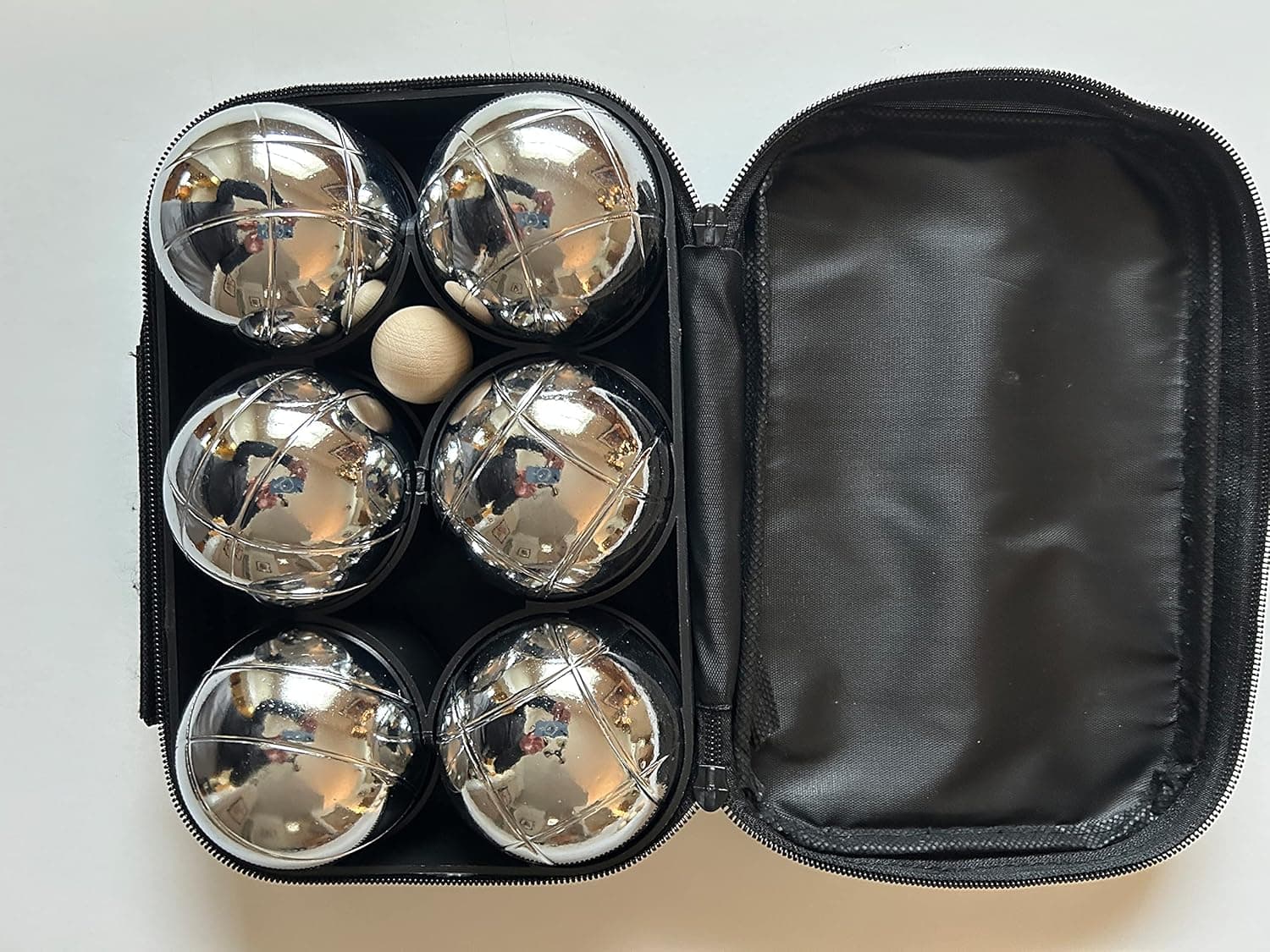 BuyBocceBalls 73mm Metal Petanque Set with 6 Silver Balls and Green Case