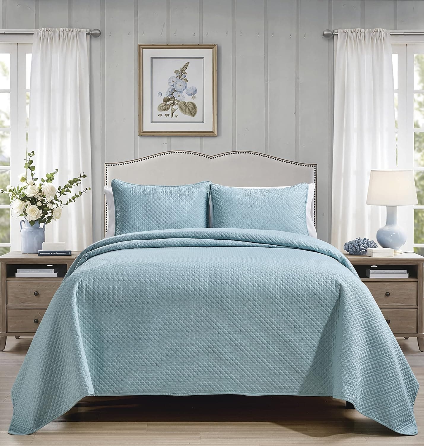Chezmoi Collection Ingrid 3-Piece Queen Oversized Bedspread Coverlet Set - Ultrasonic Diamond Lightweight Embossed Quilt (Queen, Aqua)