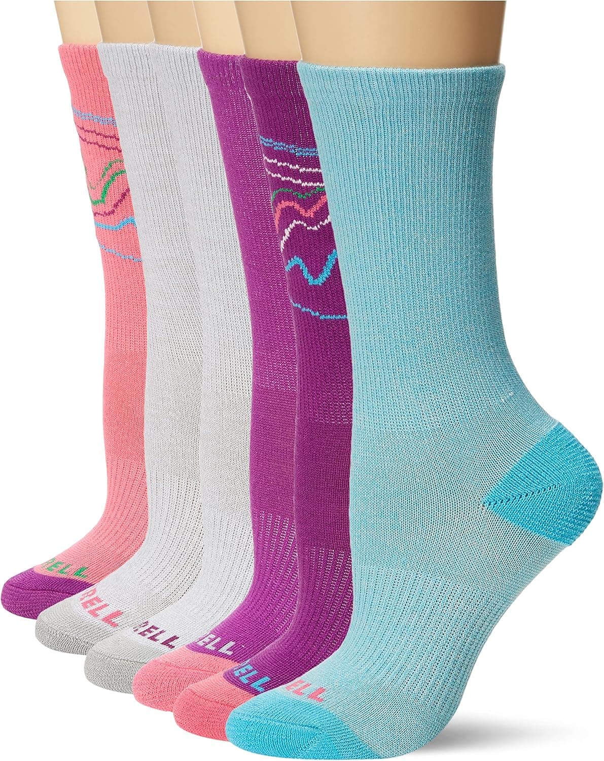 Merrell Kids' Everyday Half Cushion Crew Socks - 6 Pair Pack - Reinforced Heel and Toe