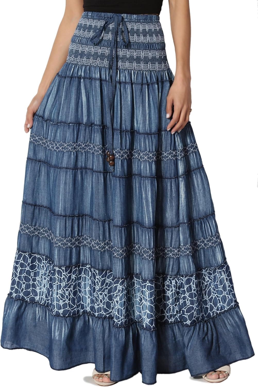 TheMogan Junior's Print Embroidery Tiered A-Line Denim Maxi Skirt, 05 Blue, One Size