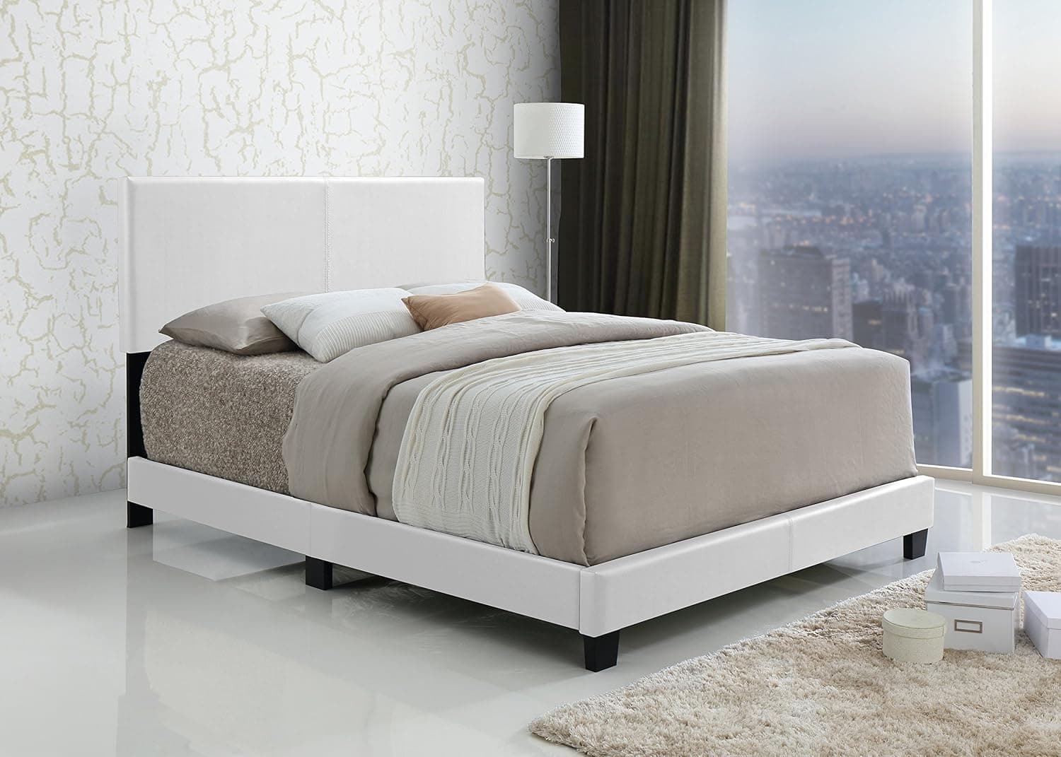 White Bonded Leather Queen Size Upholstered Headboard Footboard
