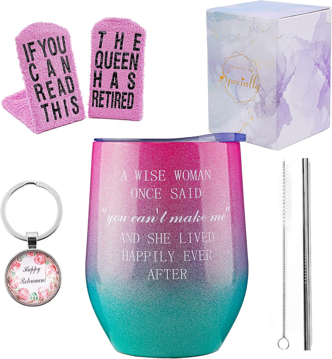 Retirement Gifts for Women，Wine Tumbler With Sayings for Women,Funny Wine Gift Basket for Coworkers Mom Boss Sister Wife Best Friens (Purple green)