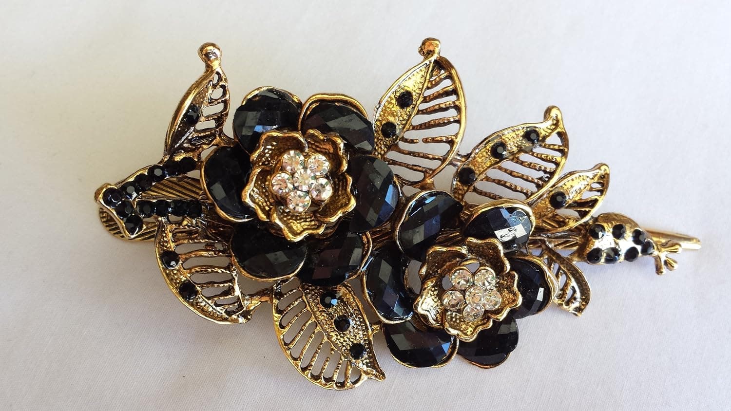Gorgeous Vintage Jewelry Crystal Rhinestone Two Flowers Design Fashion Hair Clips Hair Pins Hair Sticks - Large Size - Onyx Black Color -For Hair Beauty Tools