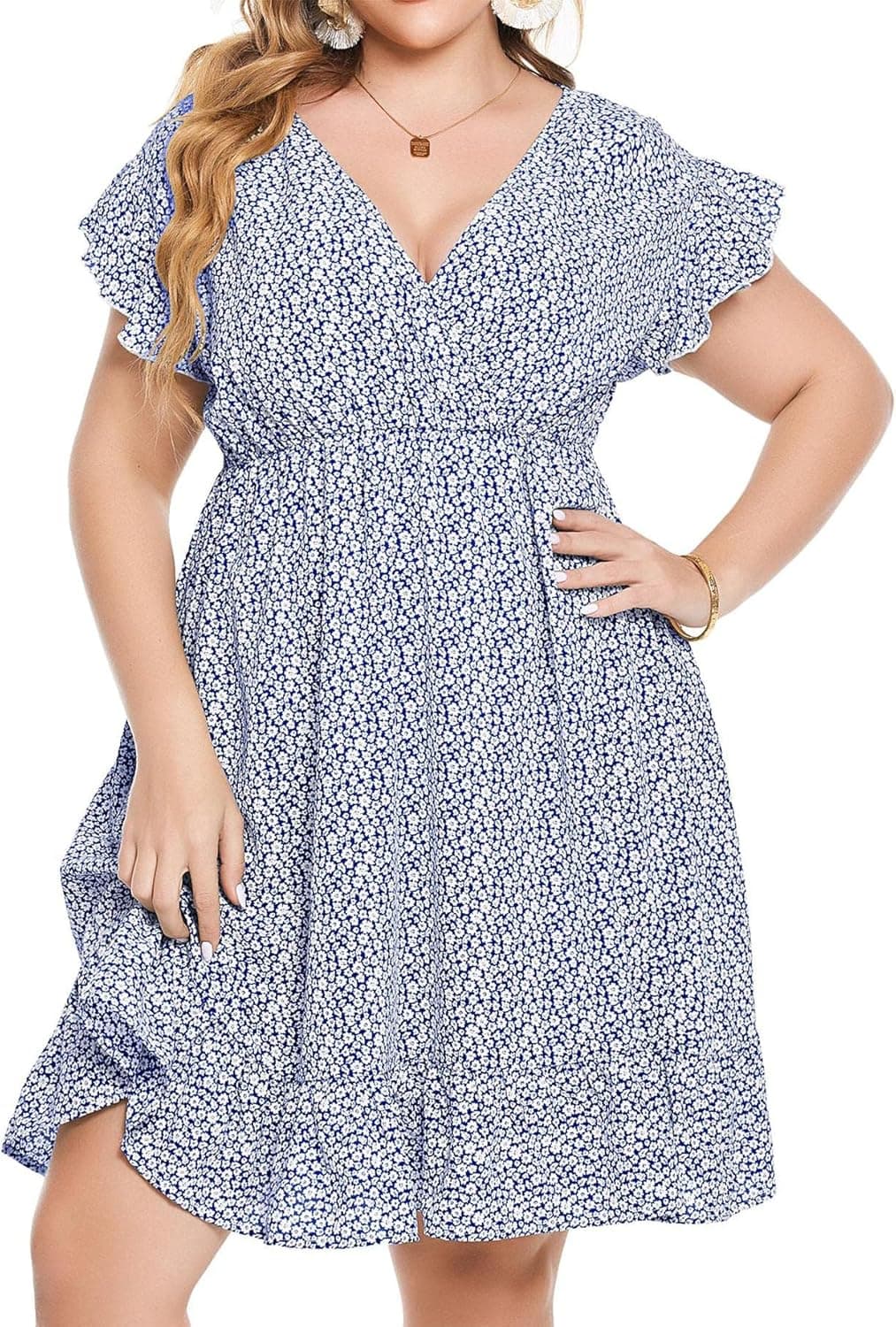 IN'VOLAND Plus Size Summer Boho Dress Ruffle Floral Printed V Neck Short Sleeve Casual High Waist Beach Flowy Mini Dress