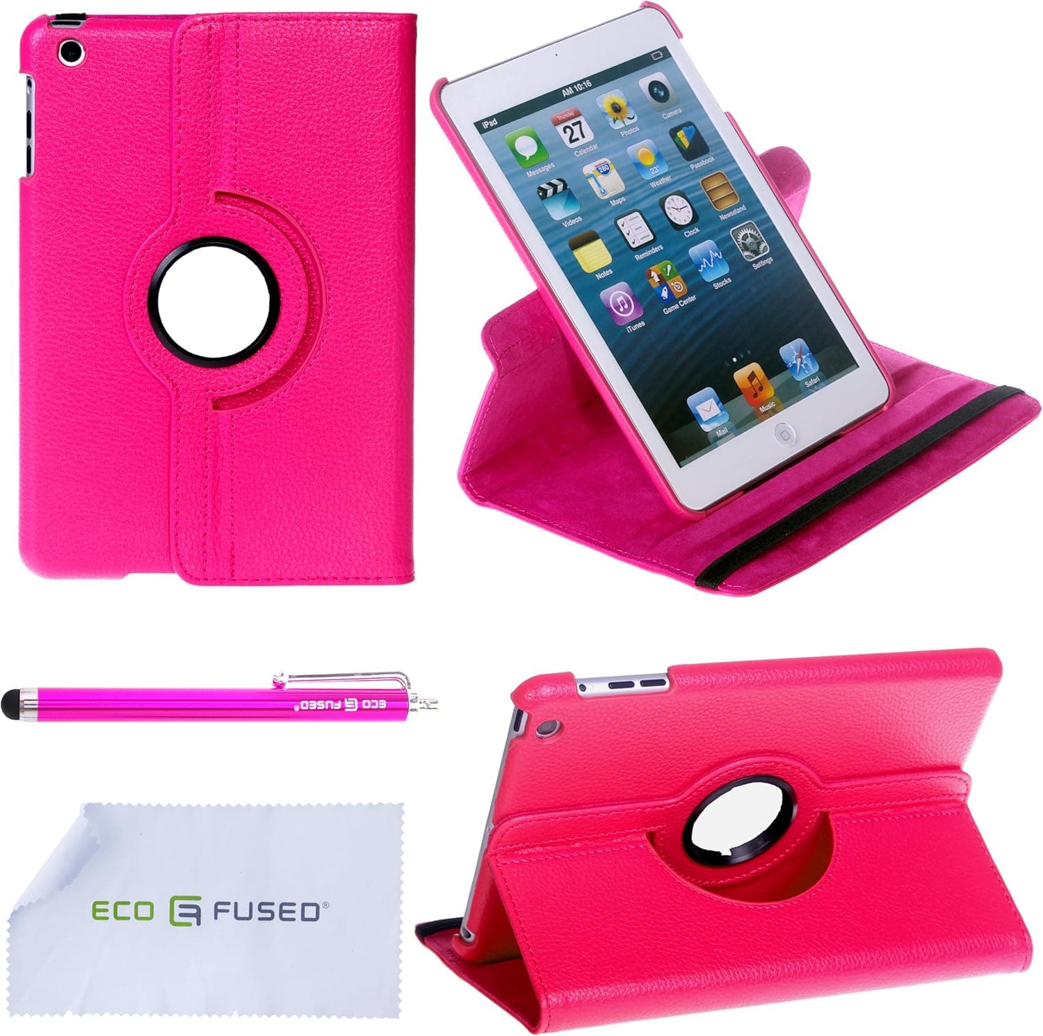 iPad Mini Case - Rotating Faux Leather Case for Apple iPad Mini plus 1 Stylus Pen / 1 ECO-FUSED Microfiber Cleaning Cloth (Hot Pink)