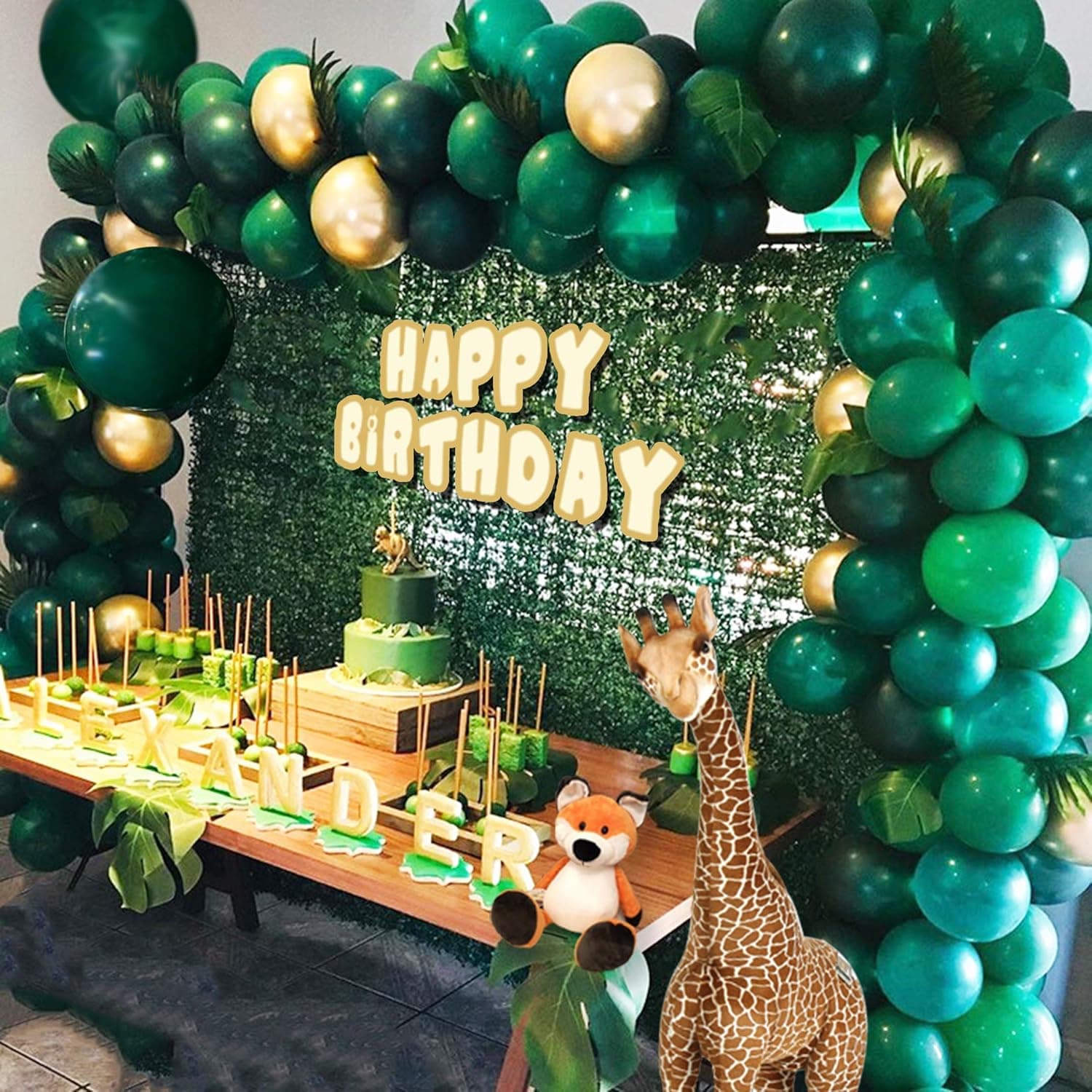 138pcs Jungle Theme Party Supplies :Green Balloon Garland Arch Kit with 23 Green Palm Leaves for Birthdays, Baby Shower, Safari Party Decorations