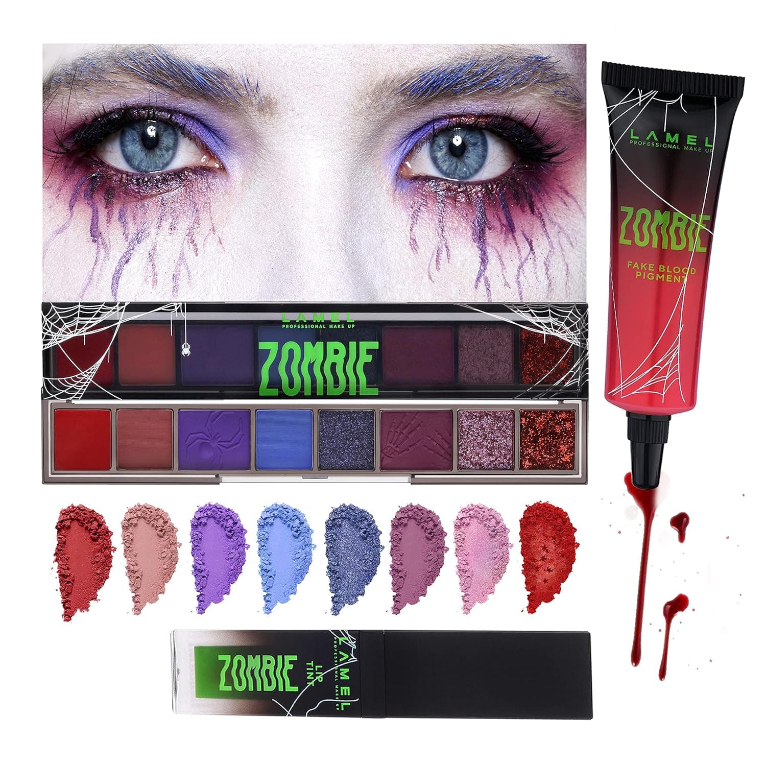 Makeup Set 3 in 1: Eyeshadows Palette, Easy-to-Clean Red Blood Face Paint, Magical Changing Color Lip Gloss Vampire Makeup Kit