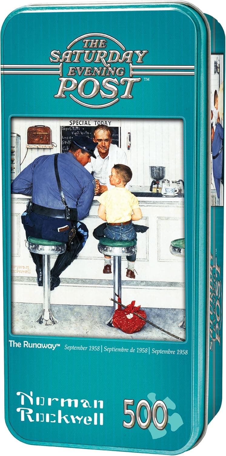 Jigsaw Puzzle Collectible Tin 500 Pieces 15"X17"-Rockwell-The Runaway