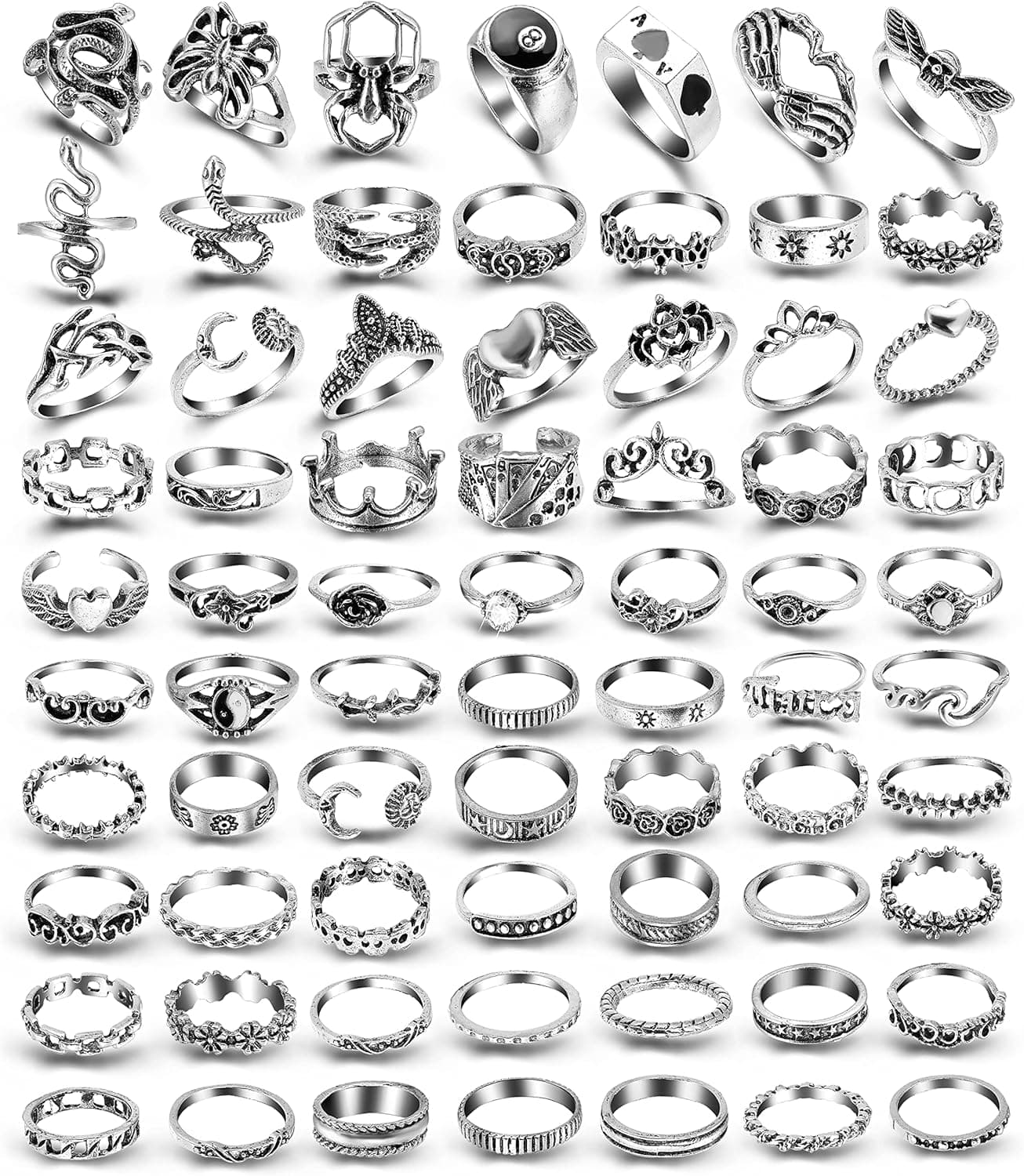 ShowAgain Silver Vintage Goth Punk Rings Set for Men Girls Women, Cool Gothic Ring Pack, Trendy Stackable Boho Chunky Knuckle Emo Full Finger Rings, Adjustable Open Snake Butterfly Ace Eboy Y2k Ring
