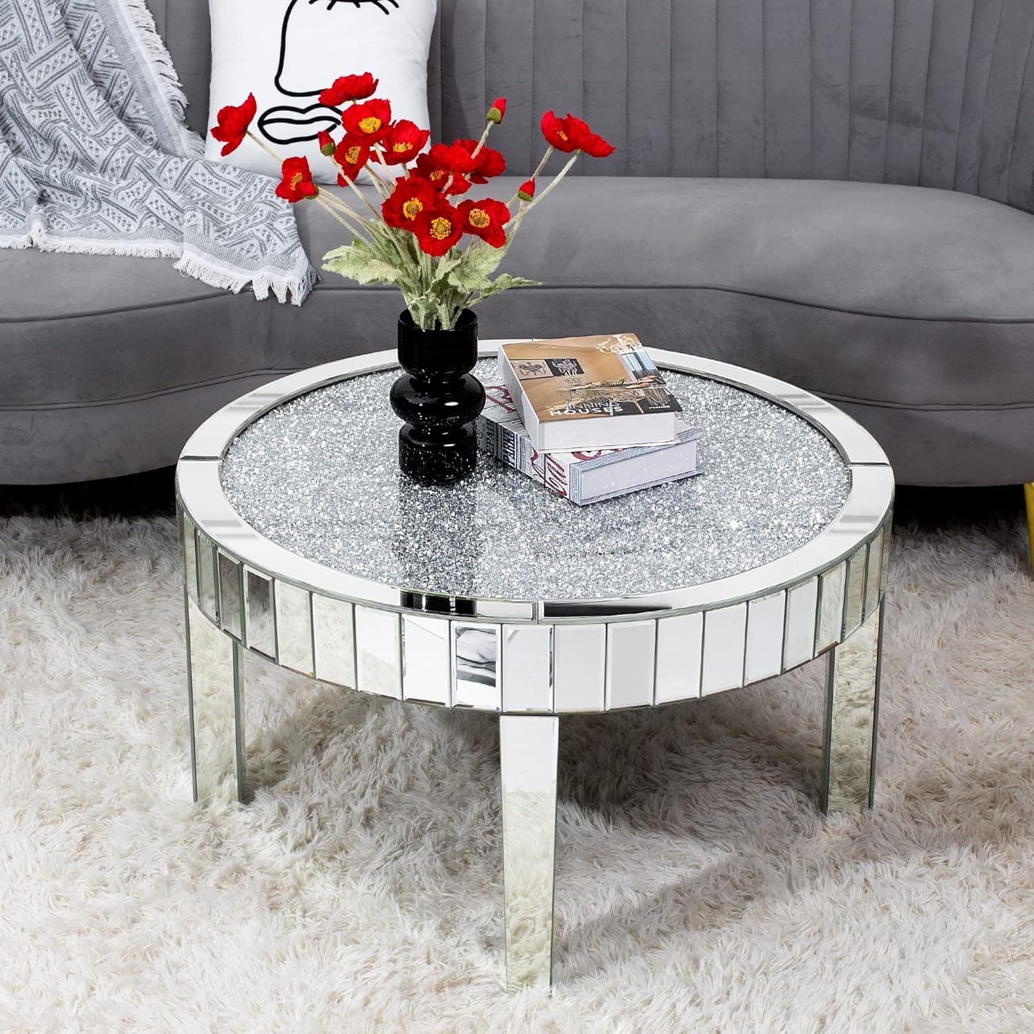 blingworld Mirrored Coffee Table with Crystal Inlay, 31.5'' Modern Round Coffee Table with Mirror Surface, Silver Accent Table for Living Rooms Bedrooms Entryways Decor