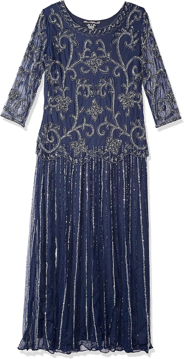 Pisarro Nights Women's Long Beaded Scroll Motif Dress