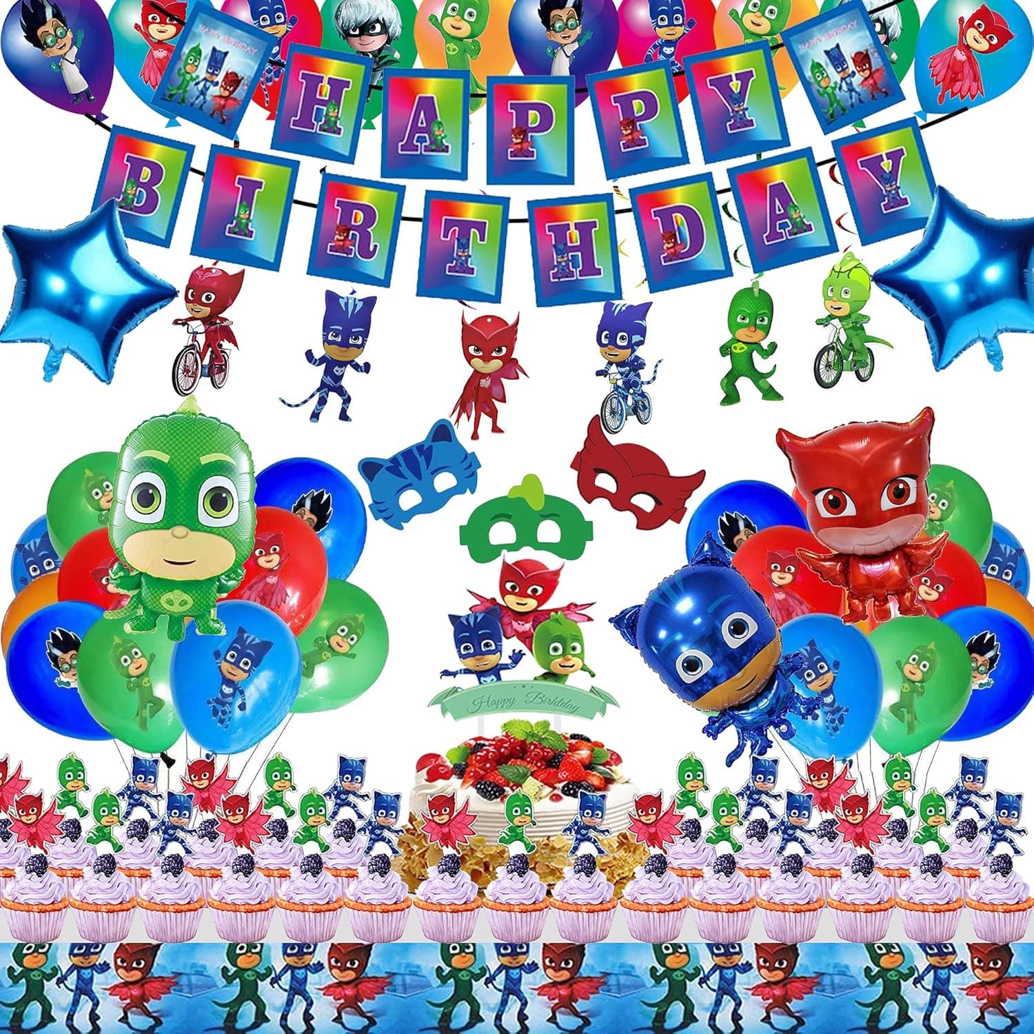 BAREBELLS 58 Pcs PJ Masks Birthday Party Supplies for Kids Decorations Banner,Balloons,Cake&Cupcake Topper,Hanging Swirls,Blindfolds Birthday Party Favor Pack Set for Boy and Girl