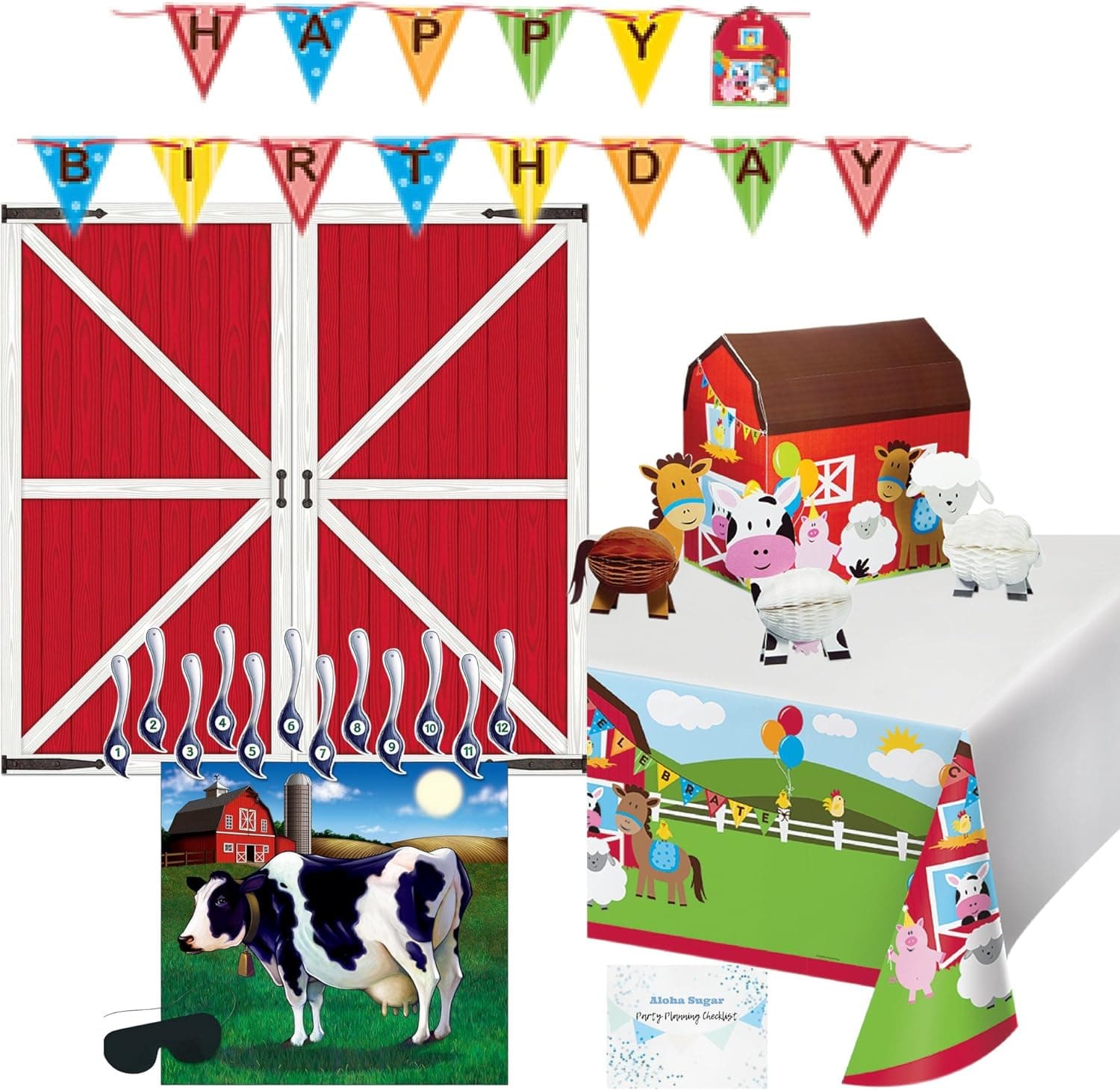 Farm Party Decorations - Birthday Banner, Tablecloth, Barn Backdrop, Farm Animal Centerpiece, Pin The Tail on the Cow Game - Perfect Supplies for Farm Theme Birthday Party!