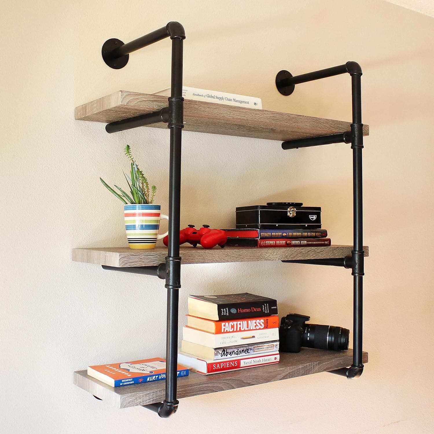 Sunnydaze 3-Tier Wall-Mount Bookshelf - Industrial Pipe Style Frame with Veneer Floating Shelves - Holds Books, Media, Storage Cubes, DVDs and More - Oak Gray