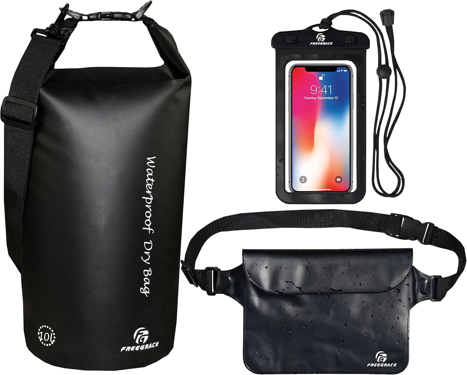 Freegrace Waterproof Dry Bags Set of 3 - Dry Bag with 2 Zip Lock Seals & Detachable Shoulder Strap, Waist Pouch & Phone Case - Can Be Submerged Into Water for Swimming, Kayak, Rafting & Boating