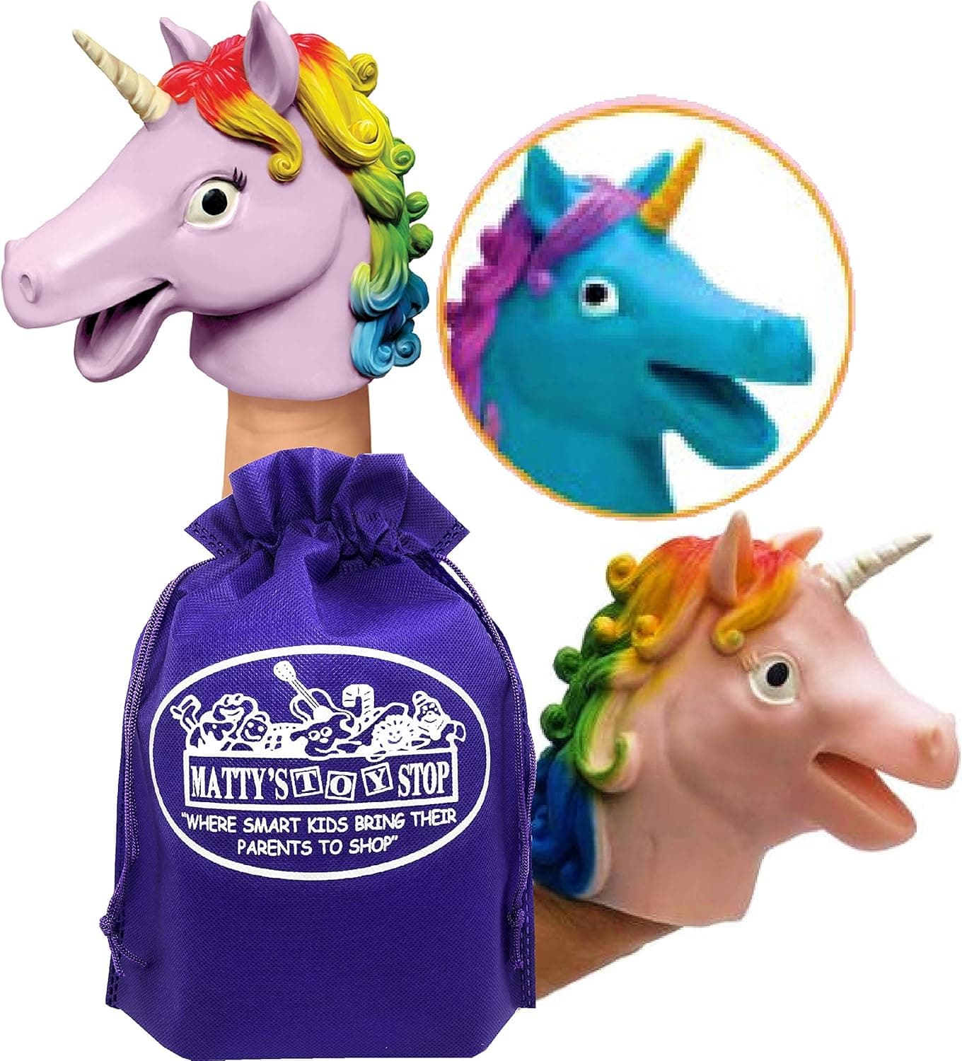 Schylling Unicorn Stretchy Hand Puppets Pink, Purple & Teal Complete Gift Set Bundle with Matty's Toy Stop Storage Bag - 3 Pack
