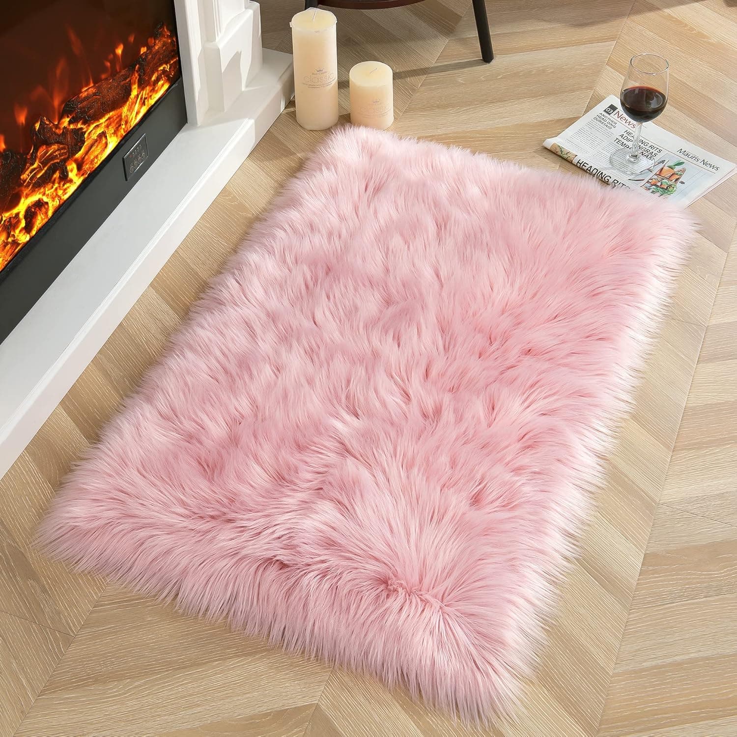 YJ.GWL Luxury Faux Sheepskin Fur Area Rug Soft Fluffy Rugs, Shag Plush Carpet Faux Fur Rug for Bedroom Floor Sofa Living Room, 2 x 3 Feet Rectangle Pink