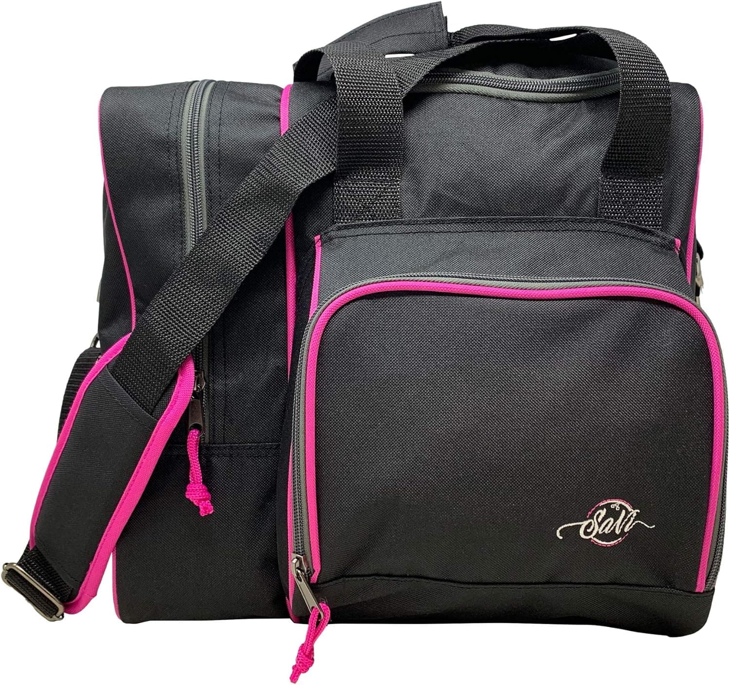 SaVi Single Deluxe Bowling Tote Bag Black/Pink Holds 1 Bowling Ball, 1 Pair of Bowling Shoes and A Front Accessory Pocket