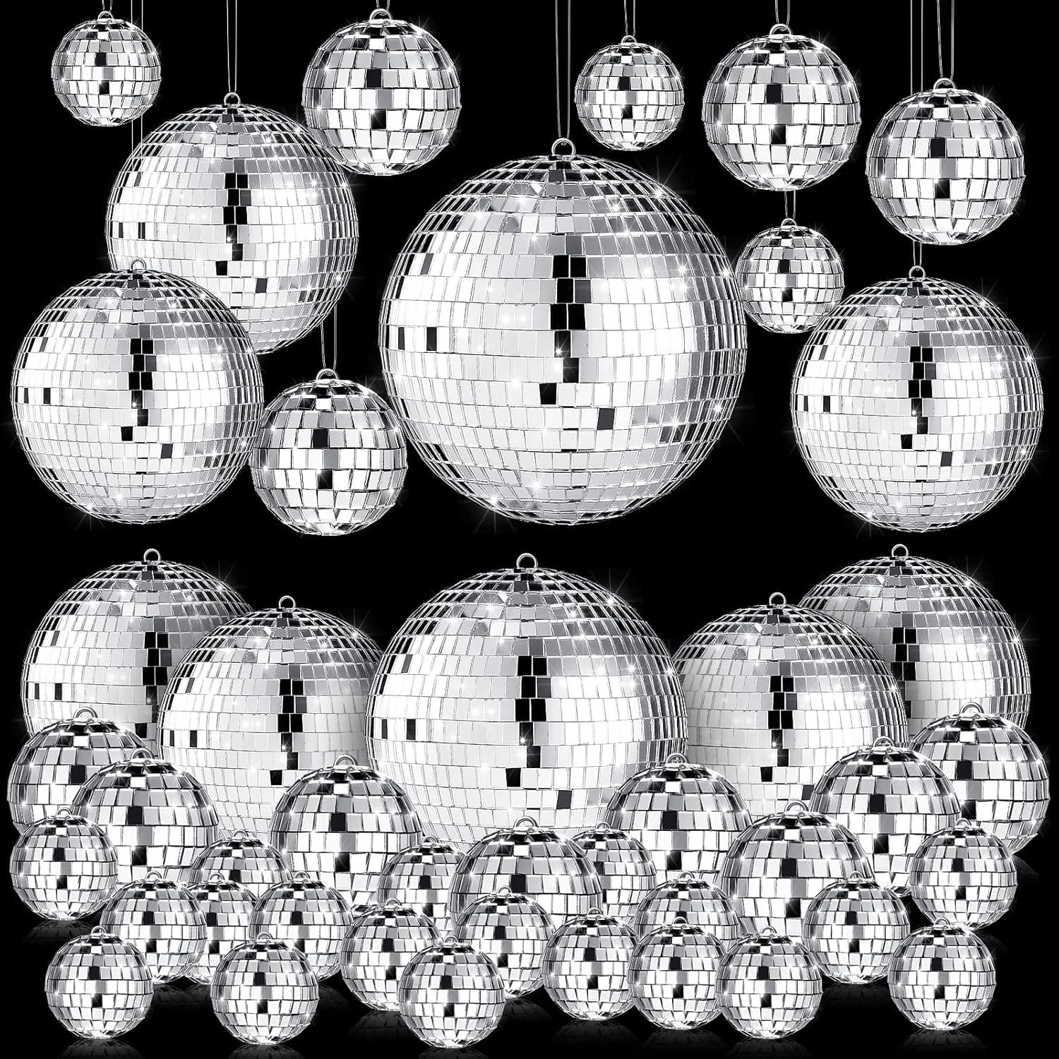 50 Pcs Disco Balls Ornaments Mini Disco Balls Silver Hanging Decorations Reflective Mirror Ball Cake Decoration 70s Disco Party Supplies for Christmas Festive (1.2 Inch, 2 Inch, 3.2 Inch, 6 Inch)