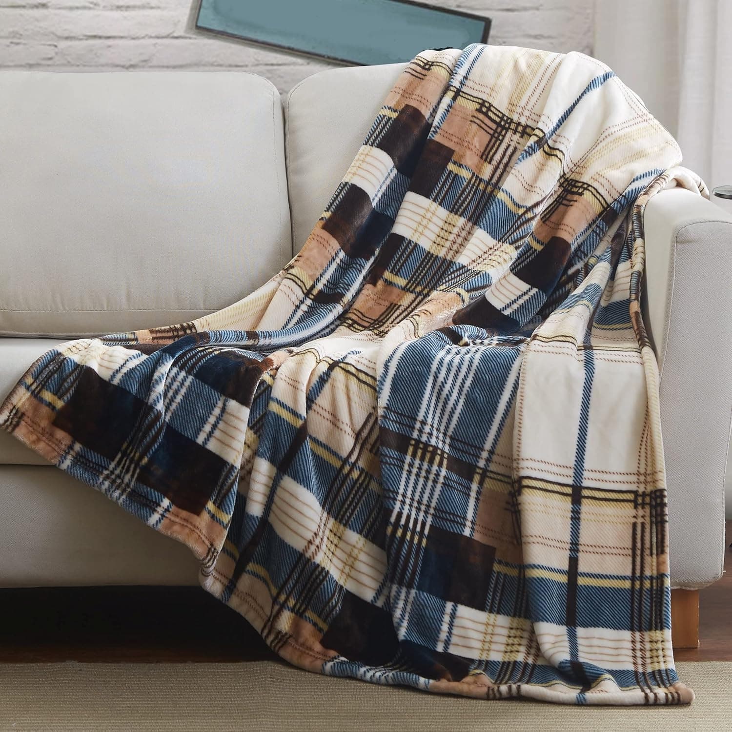 Tache Winter Cabin Blue Tan Farmhouse Super Soft Micro Fleece Tartan Plaid Plush Lightweight Throw Blanket, 66x90, Twin Size