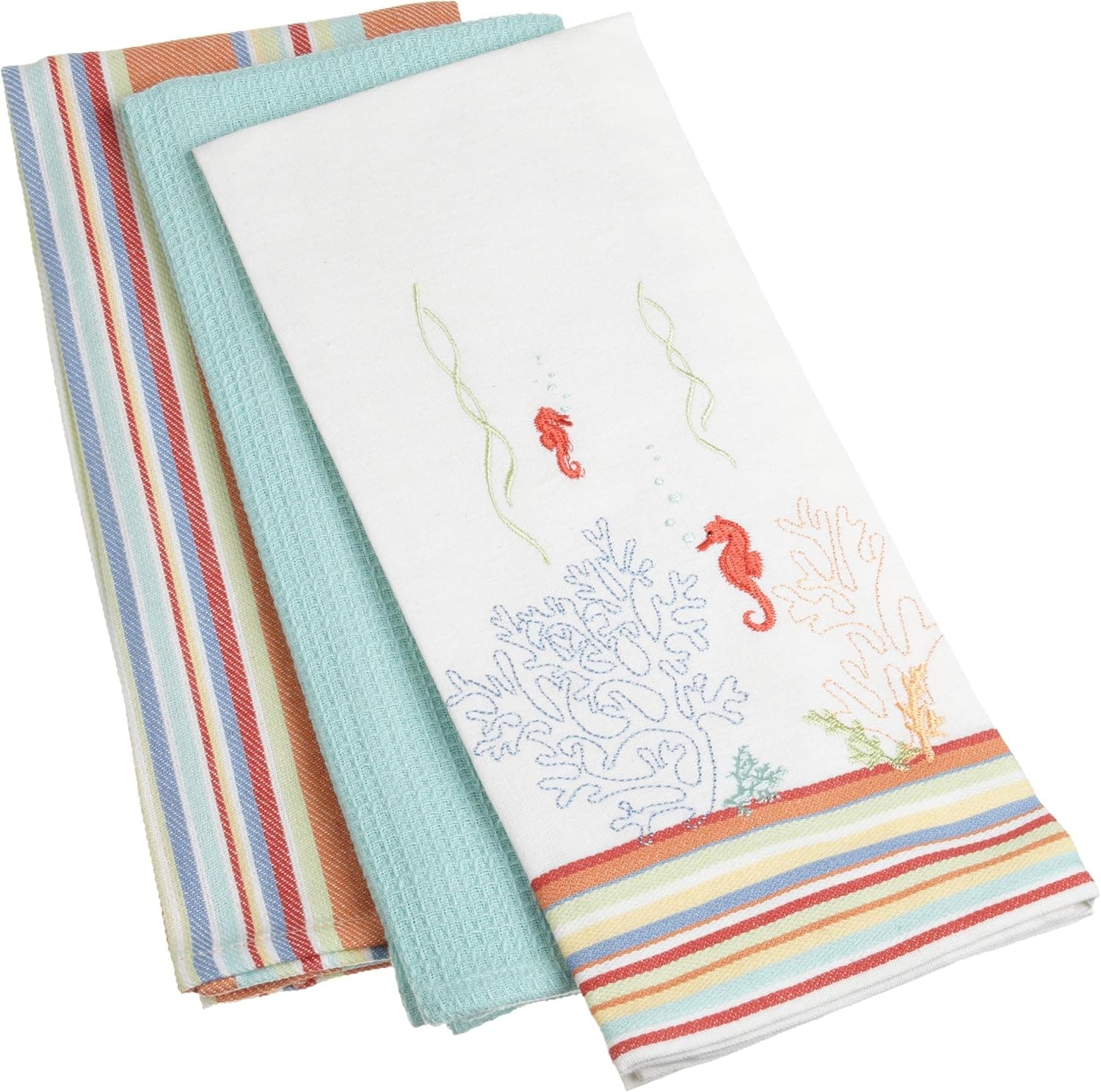DII Embroidered Seahorse Kitchen Towel, Set of 3