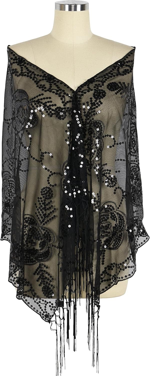 PrettyGuide Women's 1920s Shawl Sequin Fringed Wedding Cape Evening Shawl