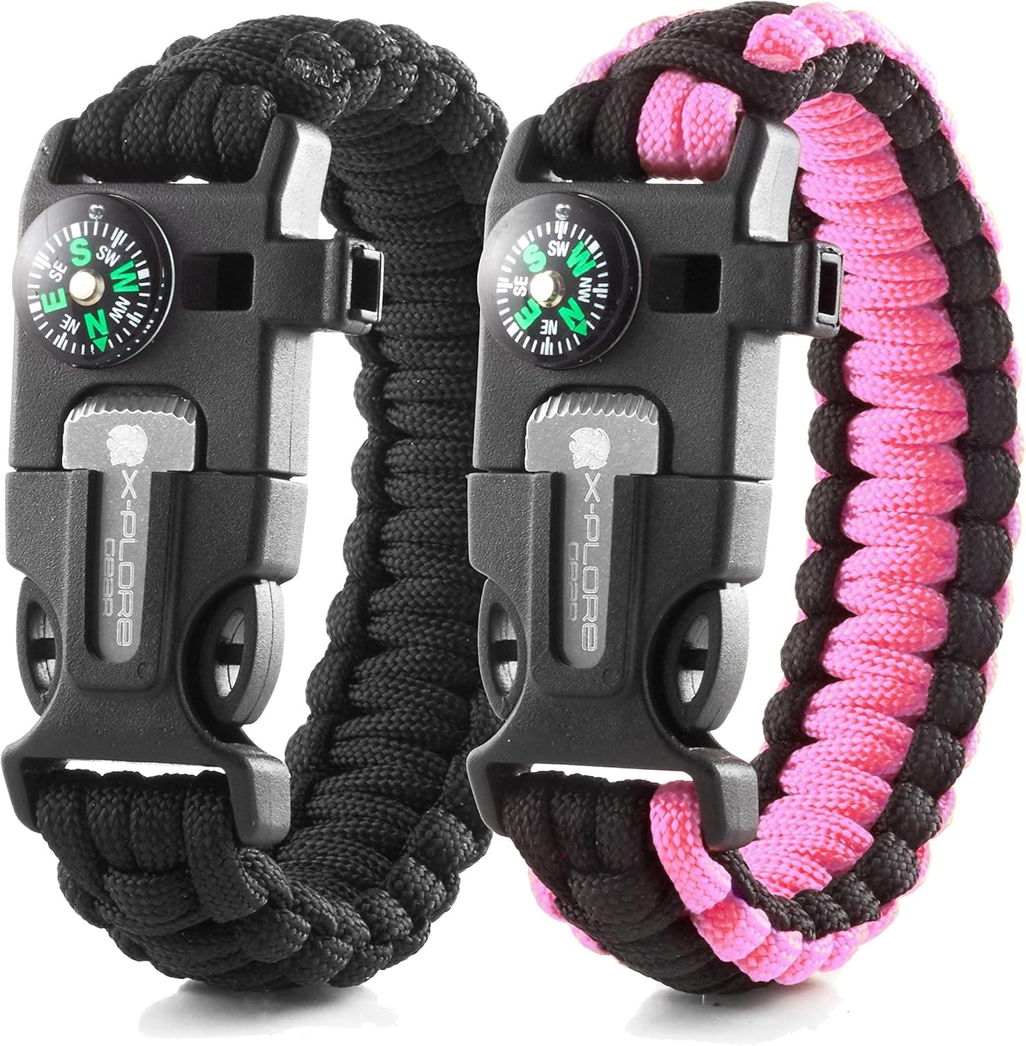 X-Plore Gear Emergency Paracord Bracelets | Set of 2| The Ultimate Tactical Survival Gear| Flint Fire Starter, Whistle, Compass & Scraper | Best Wilderness Survival-Kit for Camping/Fishing & More