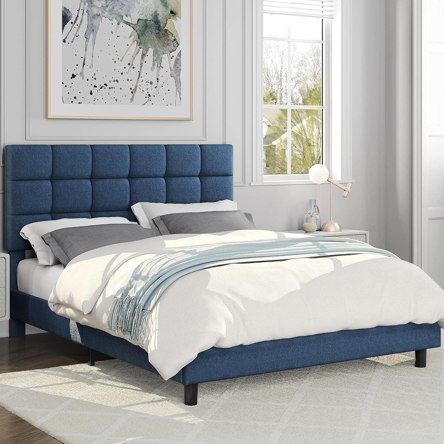 Yaheetech Full Upholstered Platform Bed Frame, Mattress Foundation with Height Adjustable Tufted Headboard, Wooden Slat Support, No Box Spring Needed, Non-Slip, Easy Assembly, Navy Blue-Full