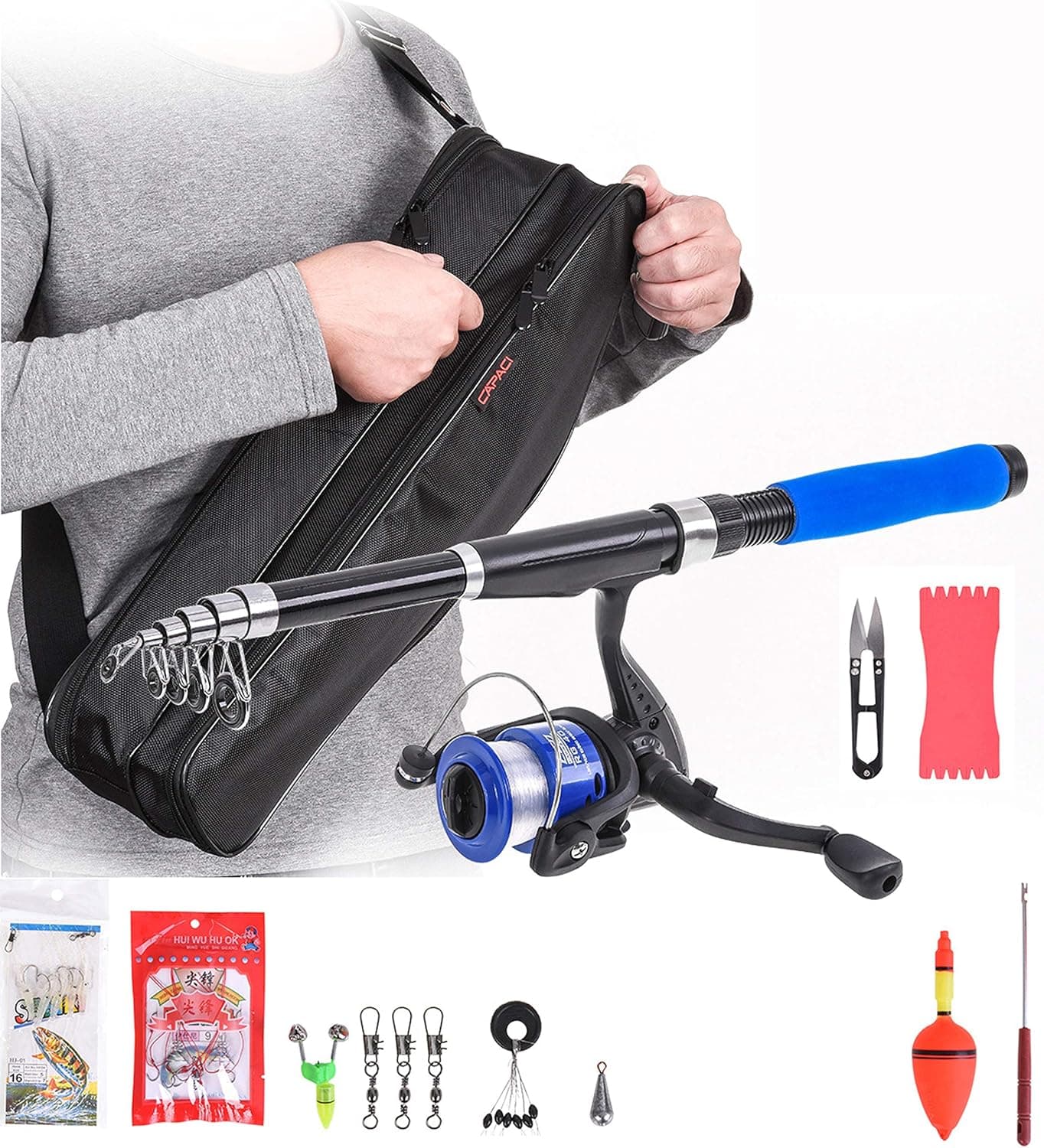 JPTACTICAL Telescopic Fishing Rod and Reel Combos Full Kit, Spinning Fishing Gear Organizer Pole Sets Sea Saltwater Freshwater Kit Fishing Pole Kit