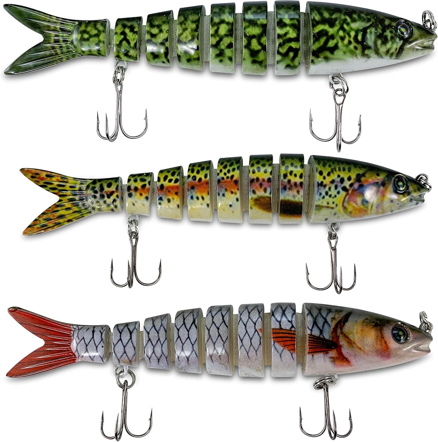 Bass Fishing Lures Hard Swimbaits Pro Fish Baits Tackle 3 Pcs Set 8 Segments Multi Jointed Slow Sink #6 Treble Hook Life-Like 3D Eyes - Jerkbait, Crankbait, Spinbait, Bass Swim Bait