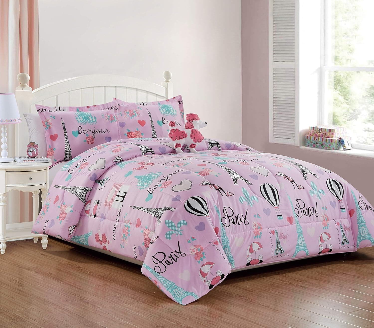 Sapphire Home 3pc Twin Size Kids Girls Teens Comforter Set w/Sham & Decorative Toy Pillow, Love Paris French Poodle Girls Kids Comforter Bedding Set, Twin 3pc Paris-Poodle