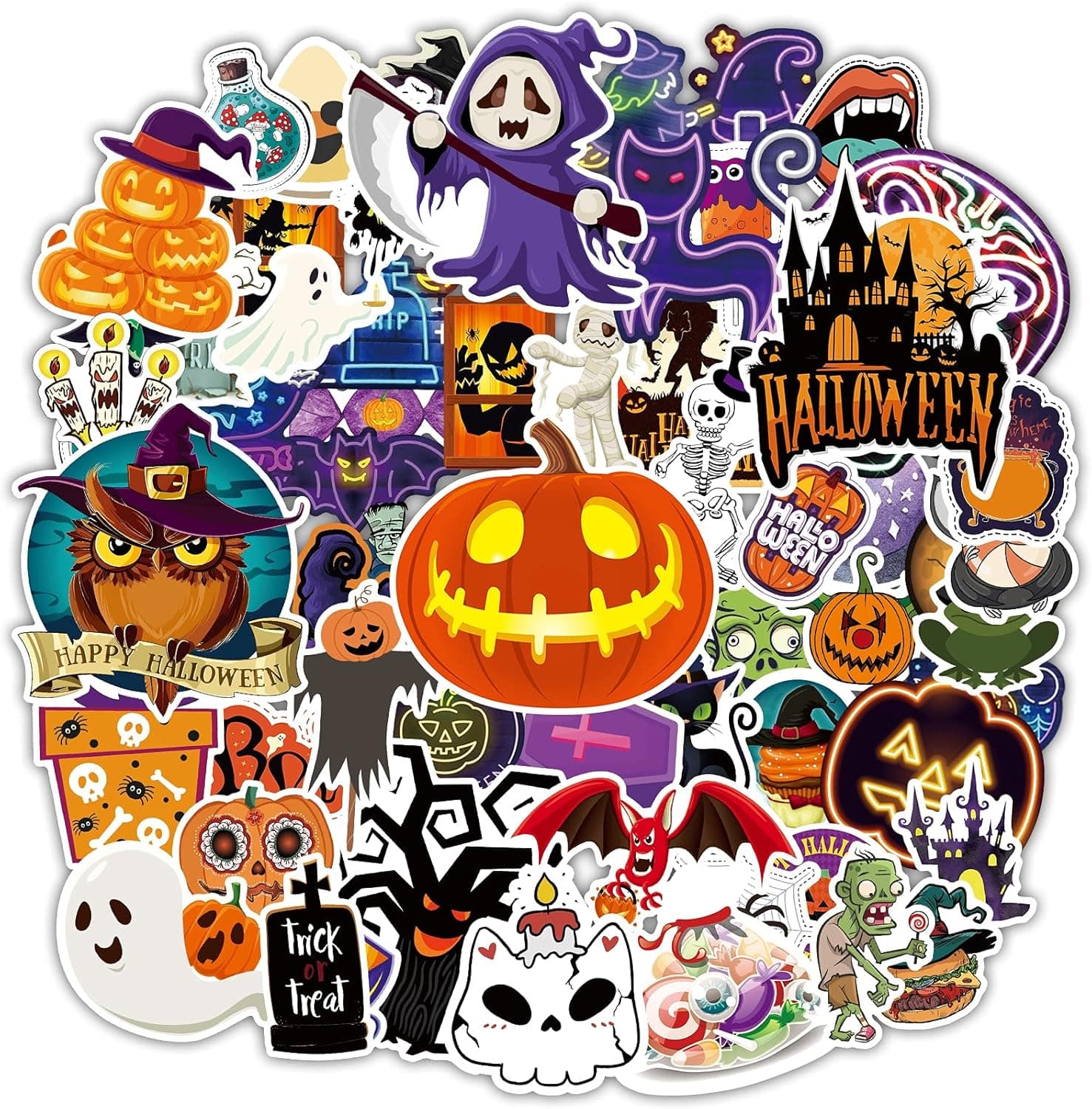 65pcs Halloween Stickers for Kids Teens Adults, Pumpkin Stickers Decals Funny Party Stickers, Waterproof Vinyl Stickers for Laptop Water Bottle Skateboard Scrapbook Phone Case