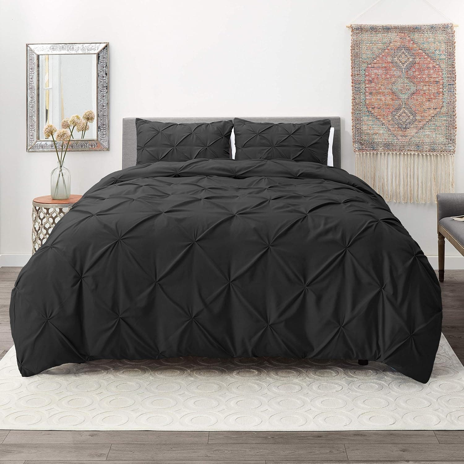 nestl Pintuck Duvet Cover Set - Pintuck Comforter Cover - 3 Piece Pinch Pleat Duvet Cover with 2 Pillow Hems - Ultra Soft Microfiber - Queen - Striped Black
