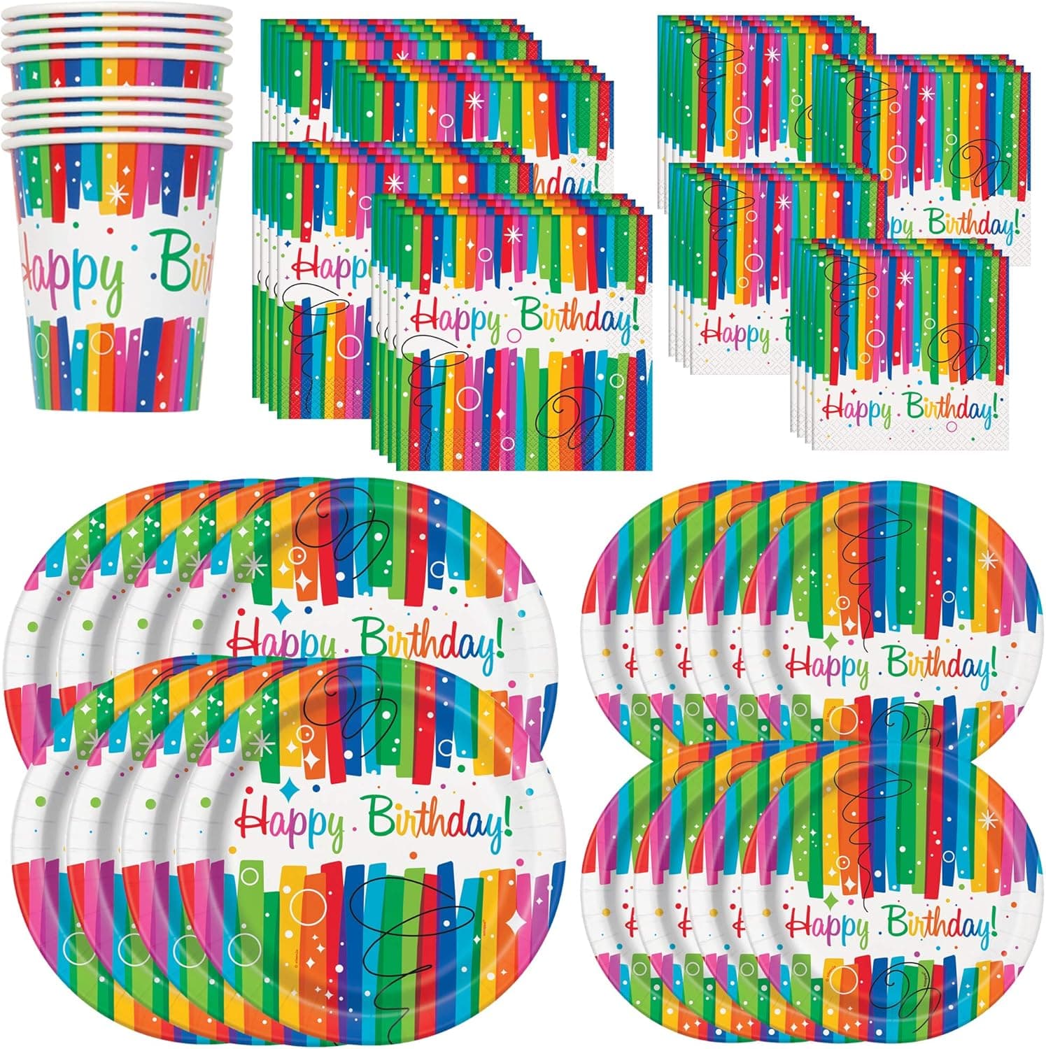 Unique Rainbow Ribbons Birthday Party Bundle | Luncheon & Beverage Napkins, Dinner & Dessert Plates, Table Cover, Cups | Great for Colorful Themed Parties