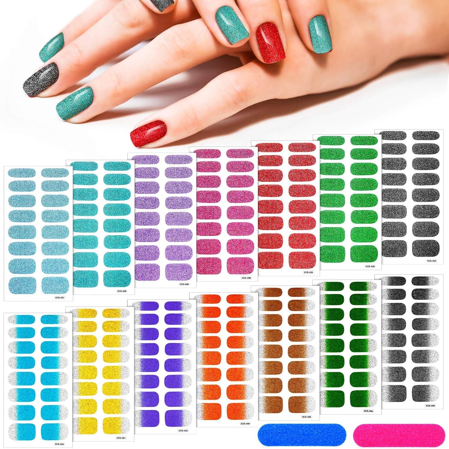 14 Sheets 224 Pieces Glitter Solid Color Nail Polish Strips Stickers Self-Adhesive Full Nail Wraps Decals Strips Manicure Nail Art with 2 Pieces Nail Files for Women Girls DIY Nail Art (Gradient)