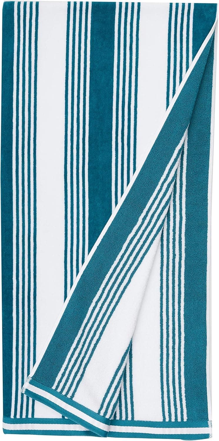Amazon Basics Oversized Premium Beach Towels - Deep Teal Stripes, 2-Pack