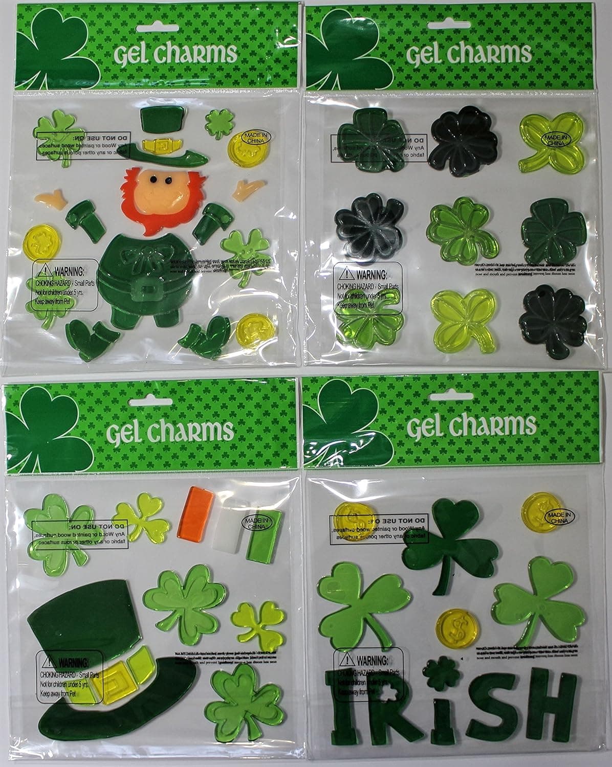 St. Patricks Day Gel Cling Buncle; Leprechaun & Shamrocks; 4 Sheets of Gel Clings