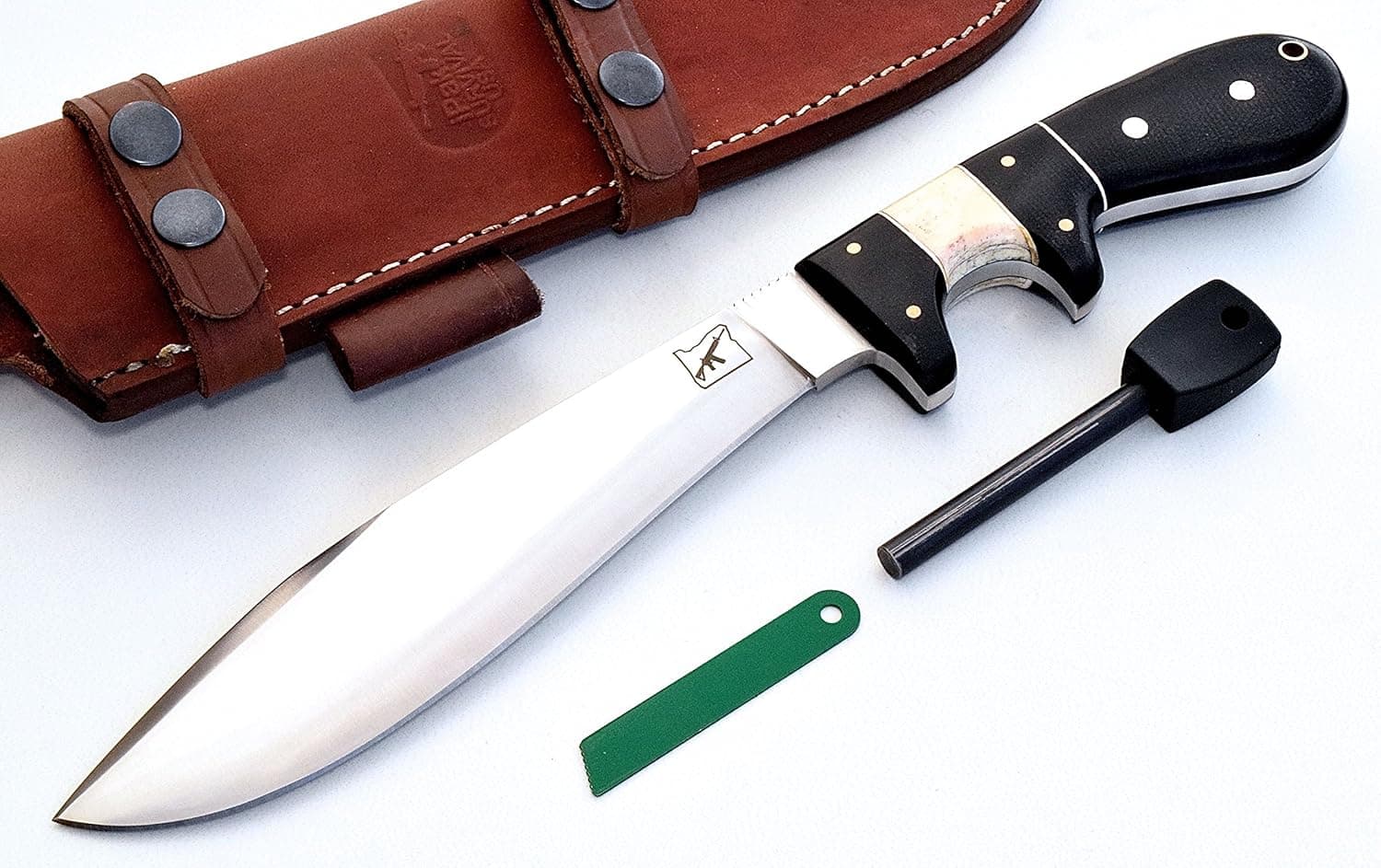 CFK Cutlery Company IPAK USA - 13" Elite Trail BOSS - Custom Handmade D2 Large Bushcraft Hunting Skinning Camping Chopping Bolo Hunter Knife with Leather Sheath & Fire Starter Rod Set CFK134