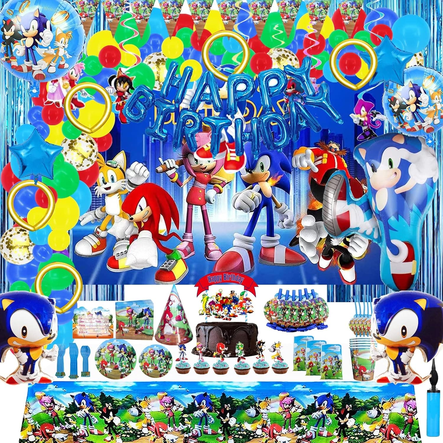347 PCS Sonic Birthday Party Supplies, The Hedgehog Birthday Decorations for Kids Include Balloons, Backdrop, Gift Bags, Banner, Stickers, Tablecloth, Plates, Cake Topper, Cupcake Topper, Sonic Party Supplies Favors for Boys Girls Kids