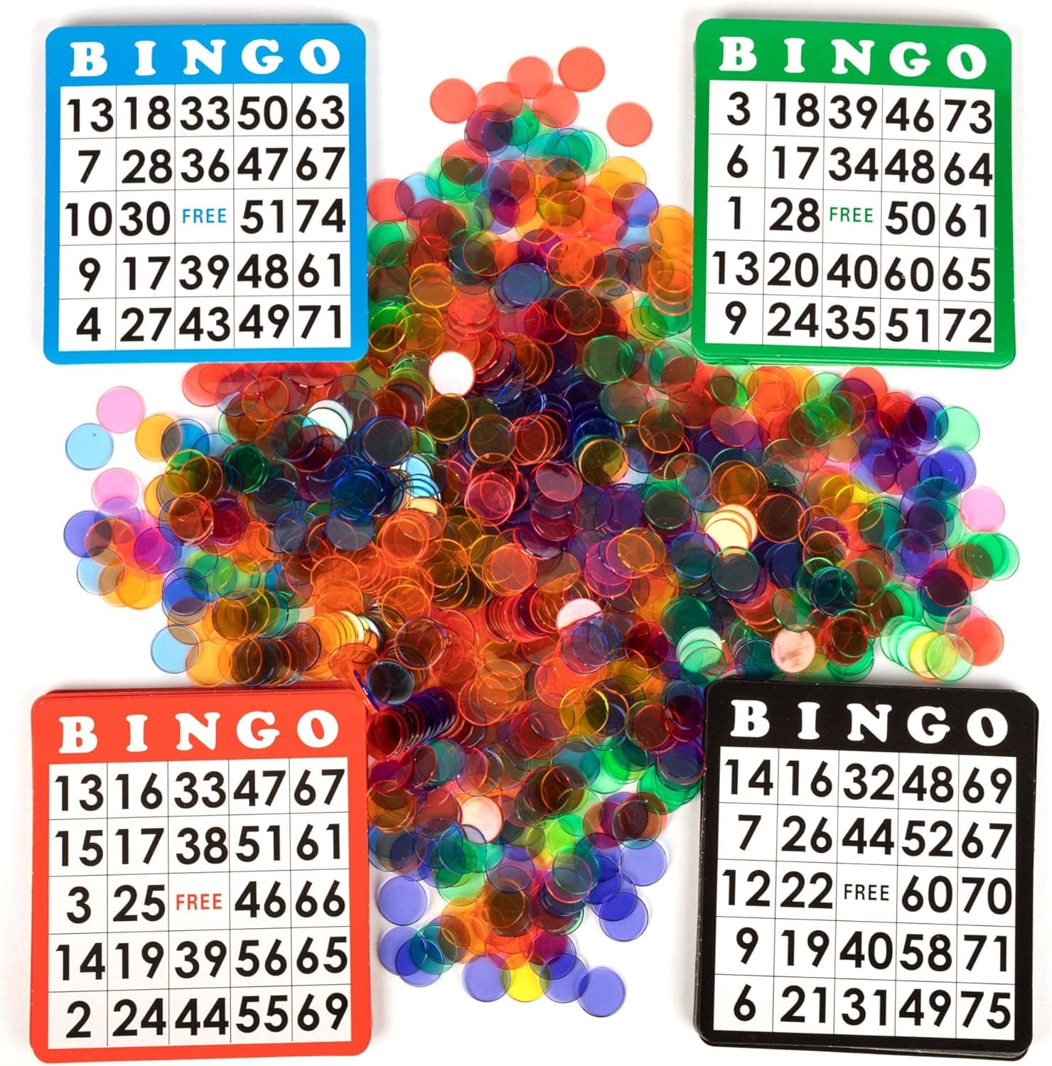 Royal Bingo Card and Chips Expansion Pack for 100 People - 100 Playing Cards, 1,000 Mixed Bulk Bingo Chips Translucent Colors