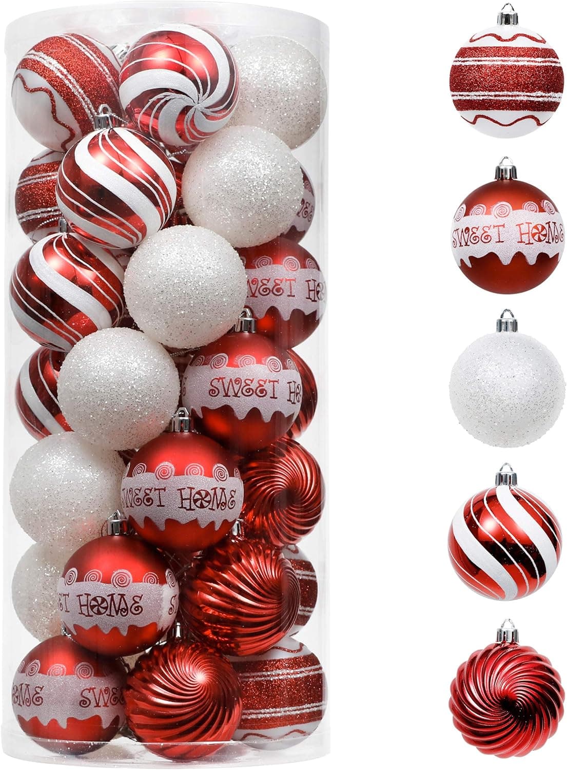 Valery Madelyn 35ct 70mm Sweet Candy Red White Christmas Ball Ornaments, Shatterproof Christmas Tree Ornaments Bulk for Xmas Indoor Outdoor Decoration Home Decor, Themed with Tree Skirt (Not Included)