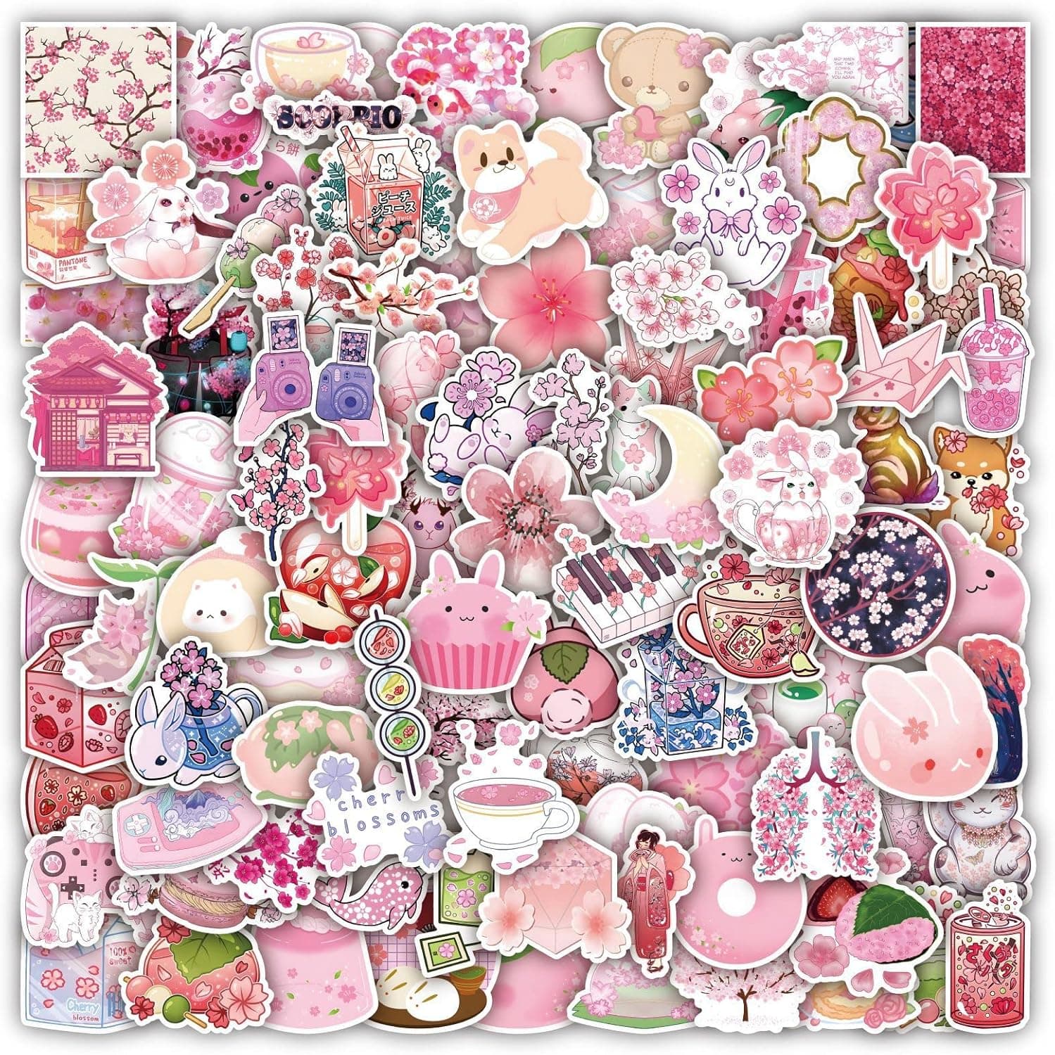 100pcs Sakura Stickers Pink The Cherry Blossom Aesthetic Stickers for Girls Journal,Cute Cartoon Waterproof Decals for Laptops Water Bottle Suitcase Guitar Scrapbooking