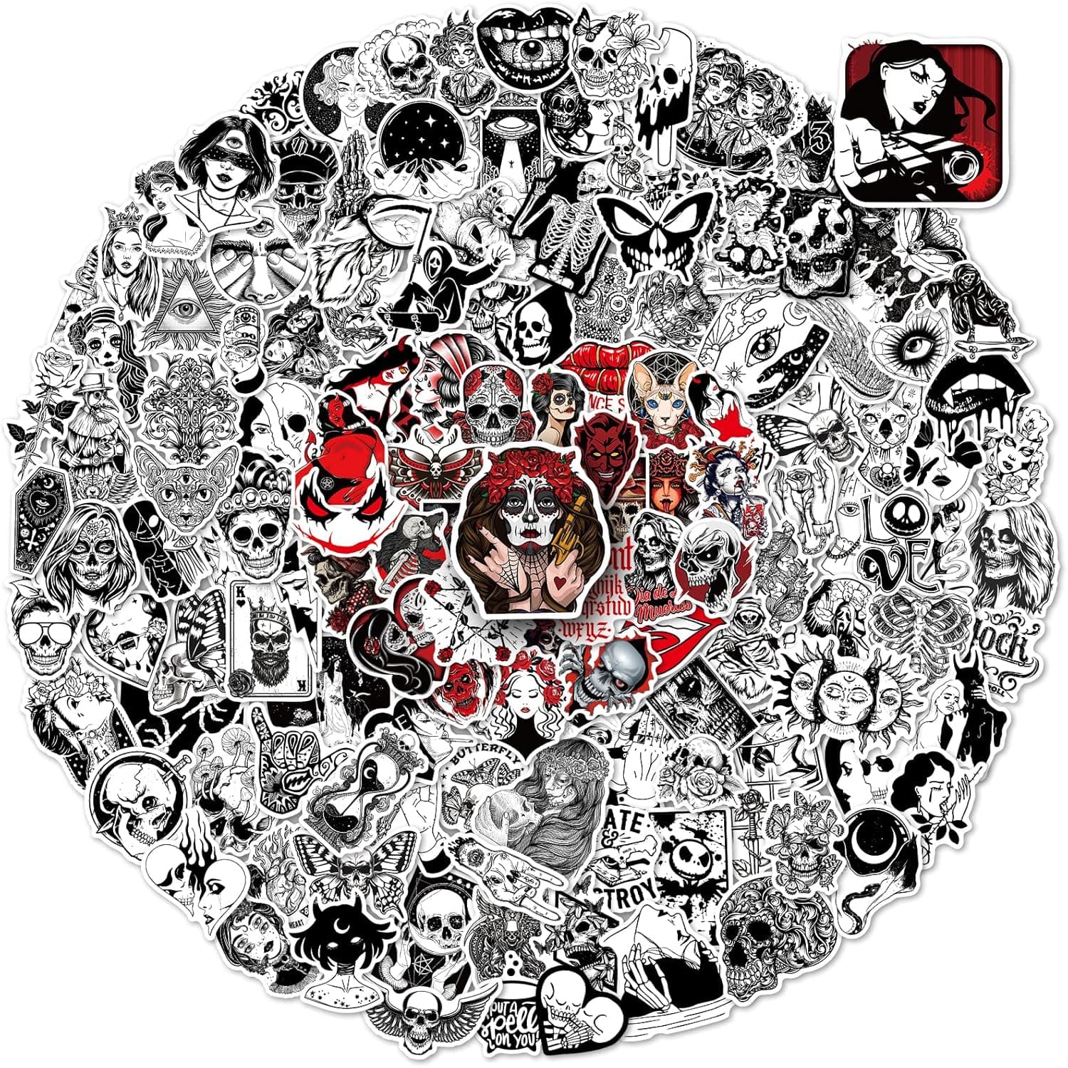Gothic Stickers, 200 PCS Scary Skull Sticker Packs for Hydro Flask, Vinyl Waterproof Black and White Stickers for Phone, Laptop, Water Bottles, Skateboard, Luggage for Adults Teens