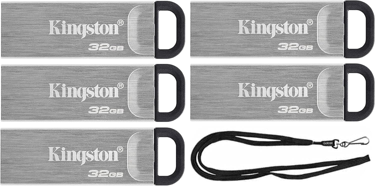 Kingston 32GB DataTraveler Kyson High Performance up to 200MB/s USB 3.2 Metal Flash Drive DTKN/32GB Bundle with (1) GoRAM Black Lanyard (32GB, 5 Pack)